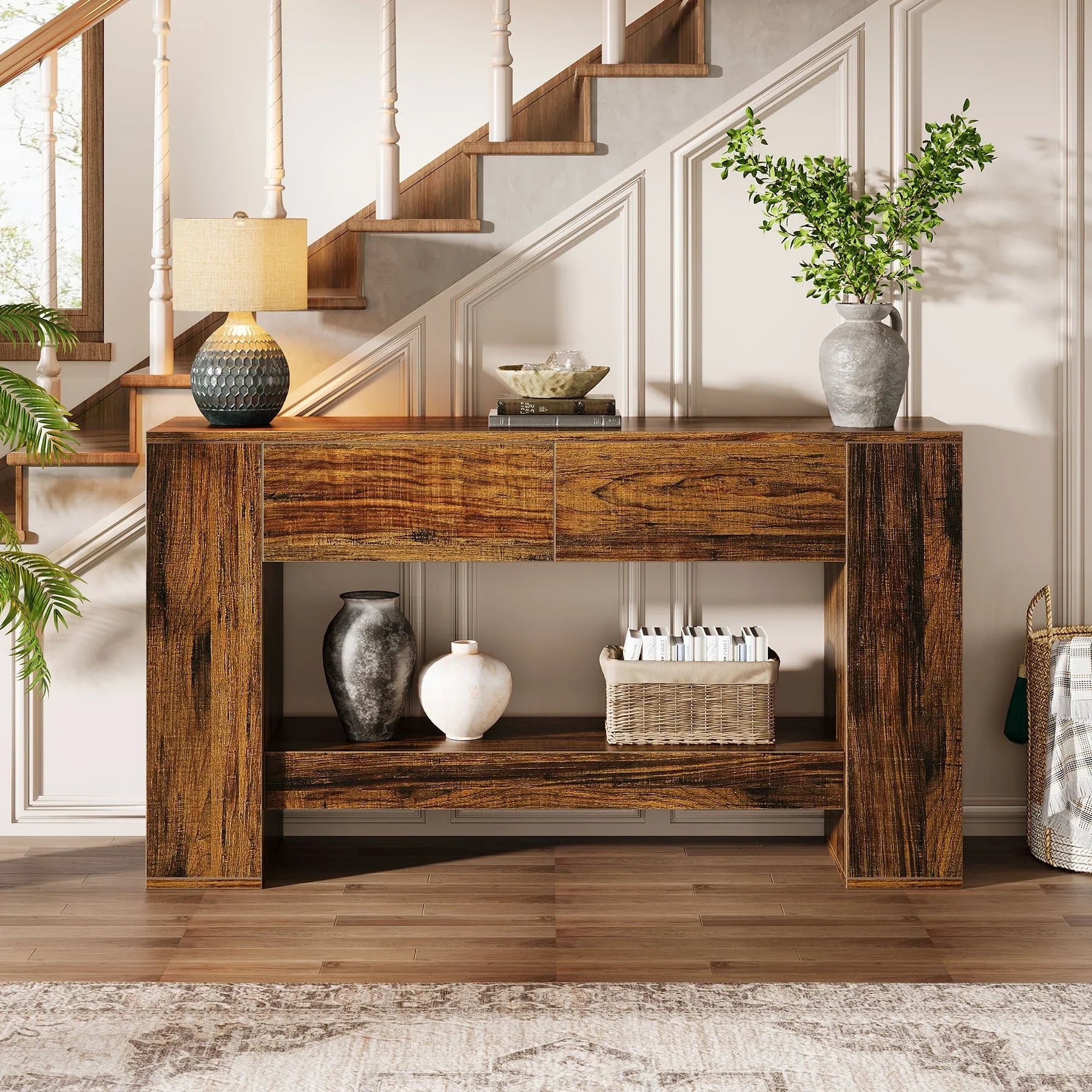 Tribesigns Consola de 140 cm, Mesa de sofá de madera de 2 niveles con 2 cajones