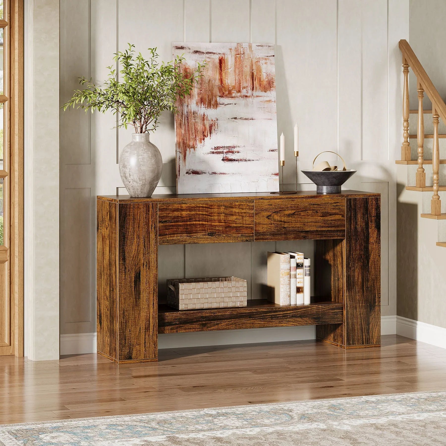 Tribesigns Consola de 140 cm, Mesa de sofá de madera de 2 niveles con 2 cajones