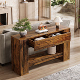 Tribesigns Consola de 140 cm, Mesa de sofá de madera de 2 niveles con 2 cajones 3