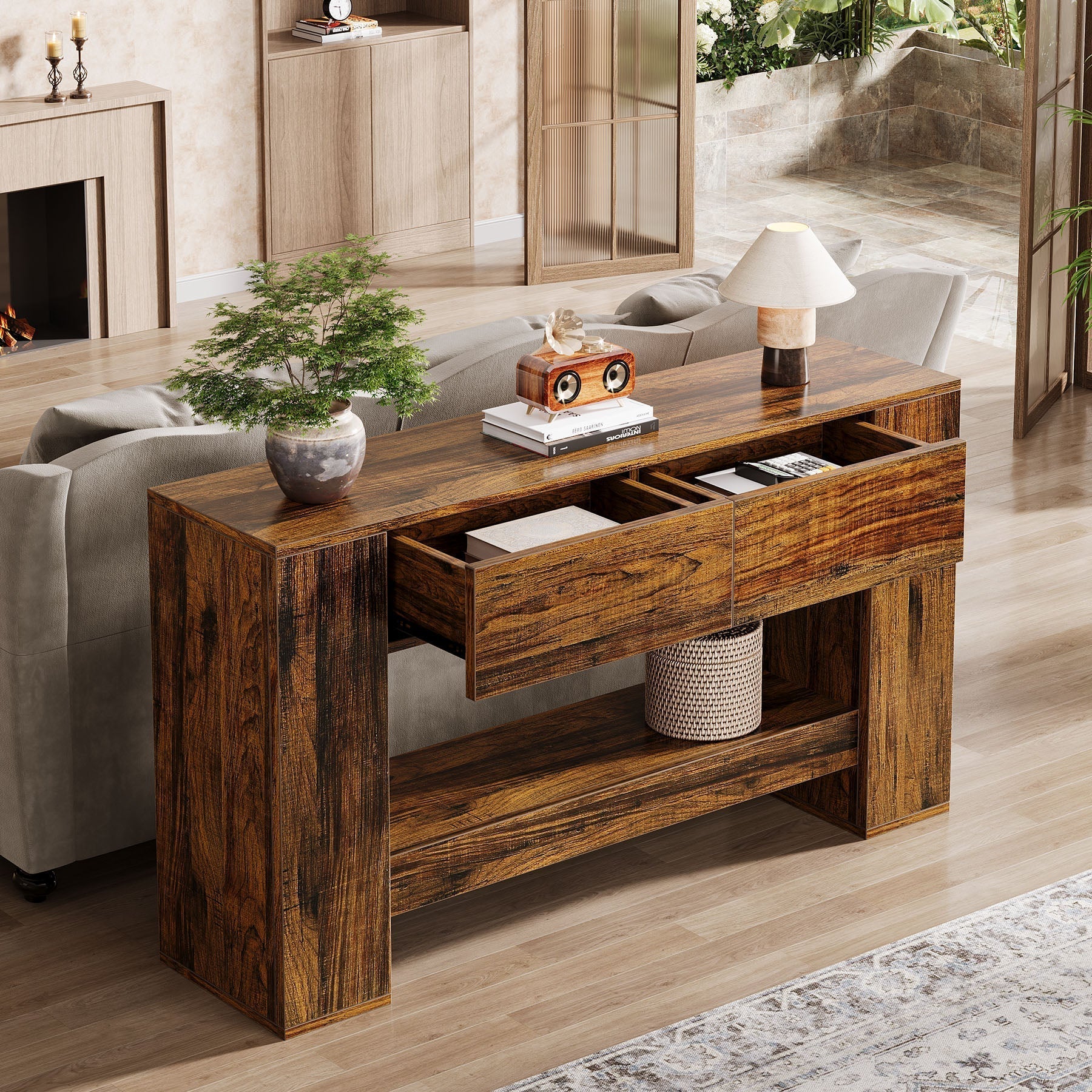 Tribesigns Consola de 140 cm, Mesa de sofá de madera de 2 niveles con 2 cajones