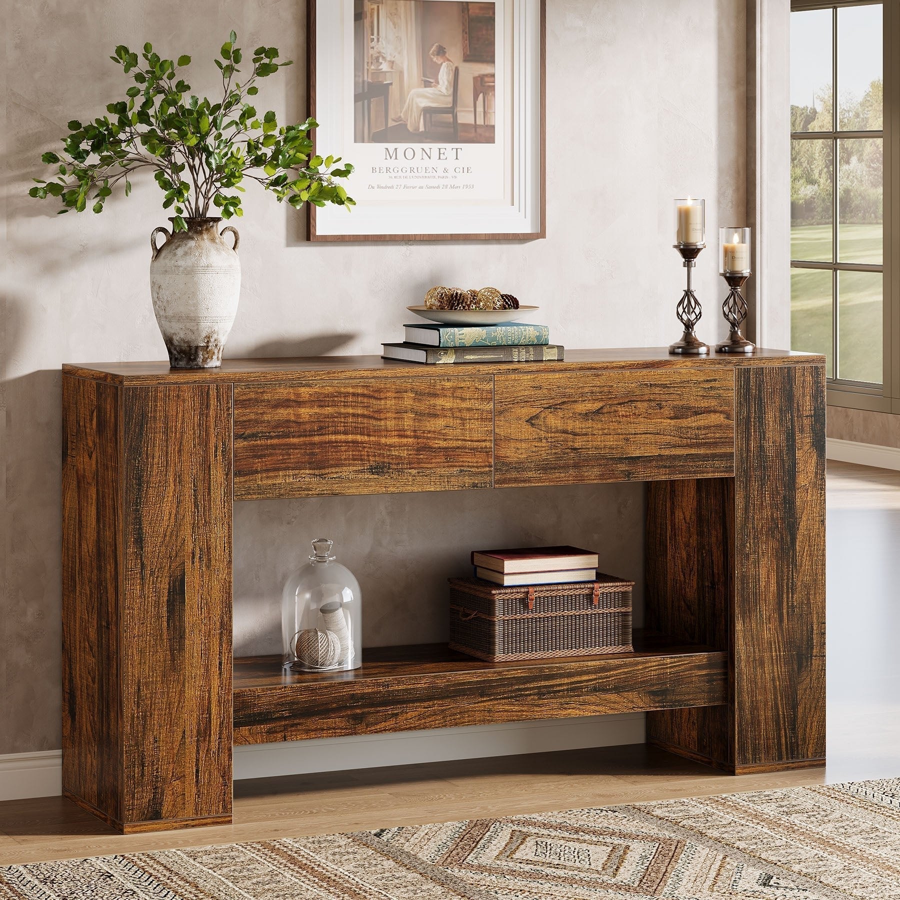 Tribesigns Consola de 140 cm, Mesa de sofá de madera de 2 niveles con 2 cajones