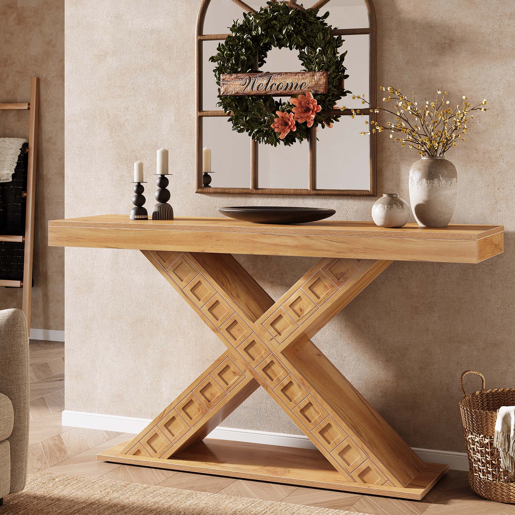 Tribesigns Mesa consola de 140 cm, Mesa de entrada moderna para sofá con base en X engrosada