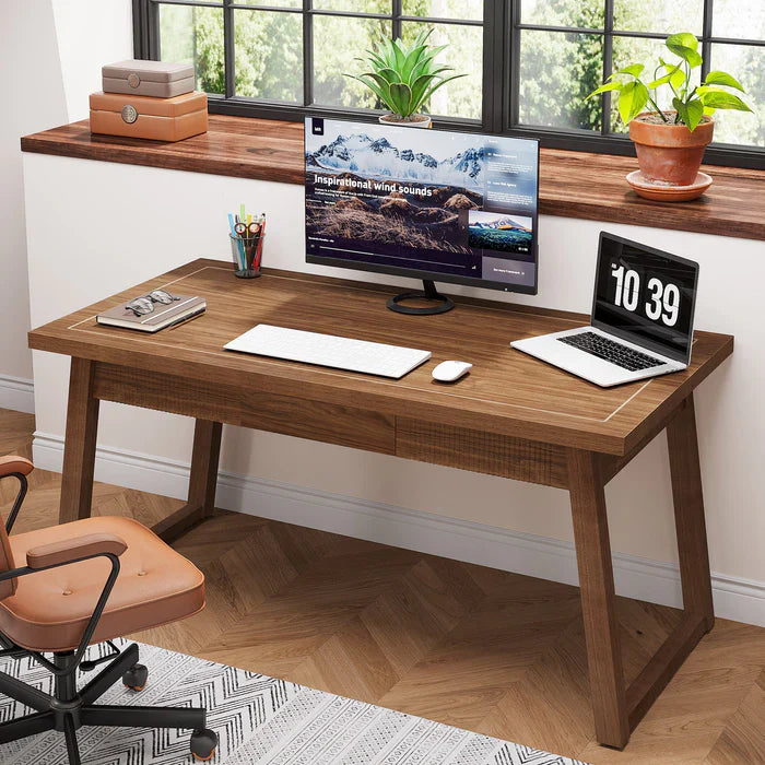 Tribesigns Escritorio de computadora de madera de 140 cm, Mesa de trabajo moderna de mediados de siglo con cajón