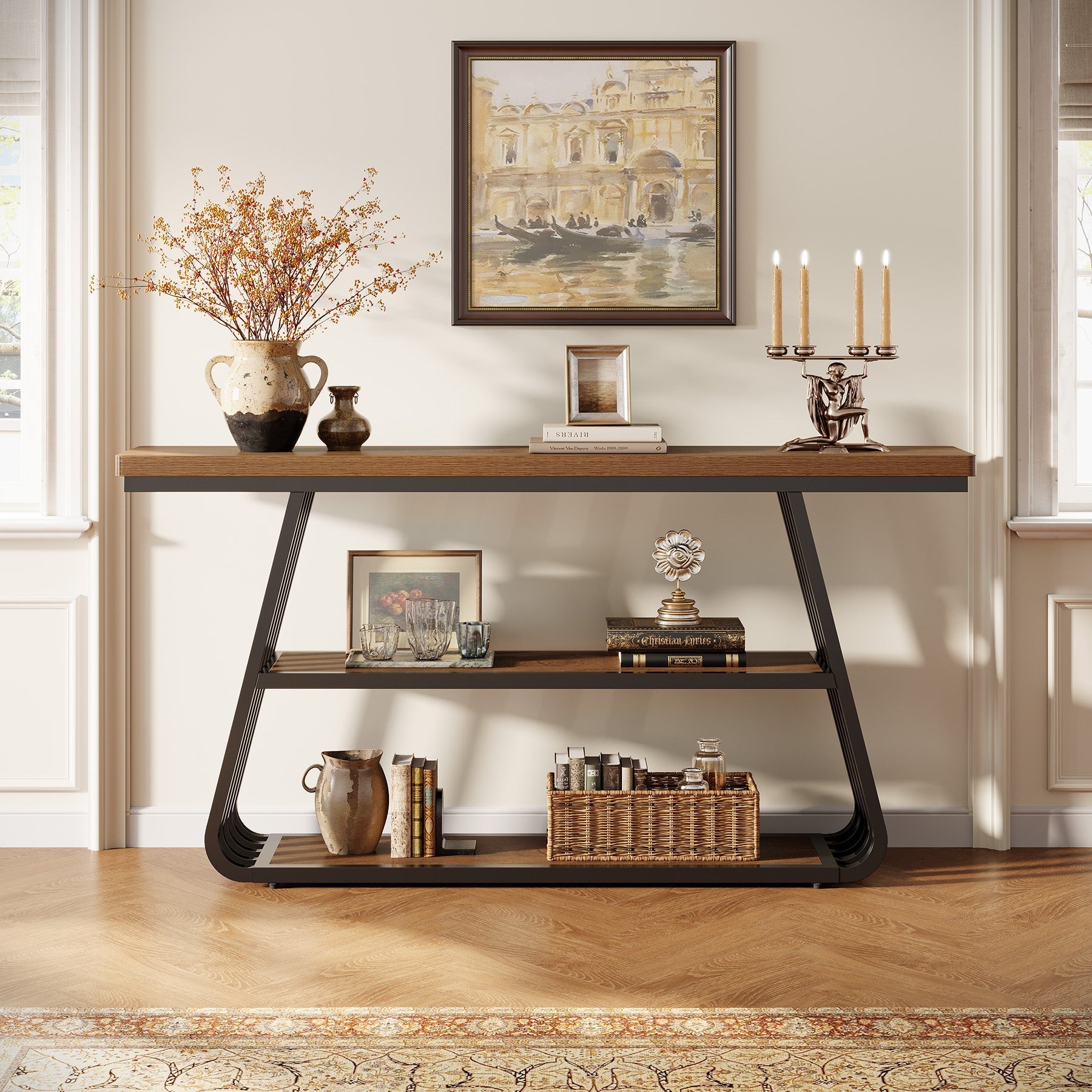 55" Console Table, 3-Tier Sofa Table With Iron Frame For Living Room