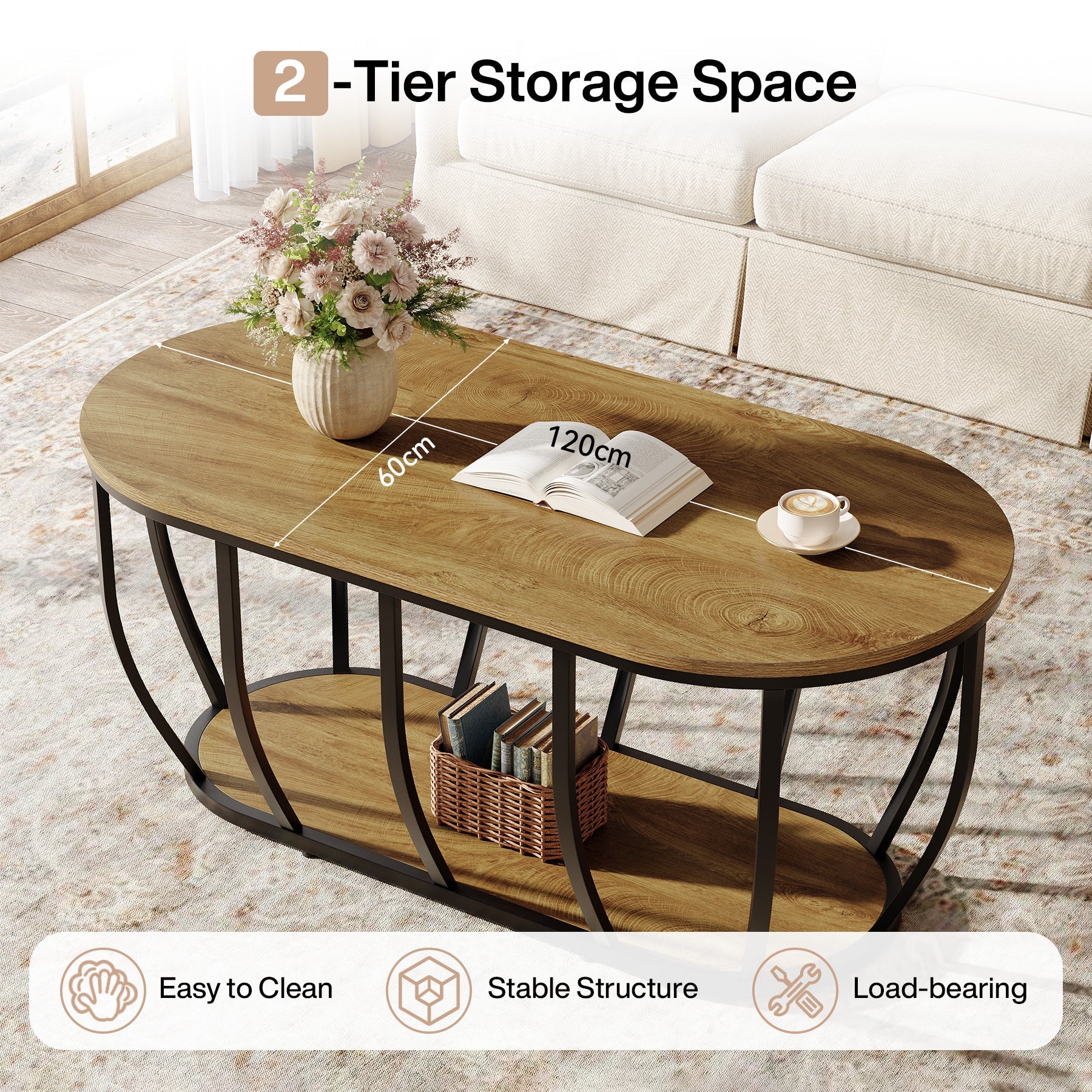 Tribesigns Mesa de centro ovalada de 120 cm de estilo industrial con 2 estantes