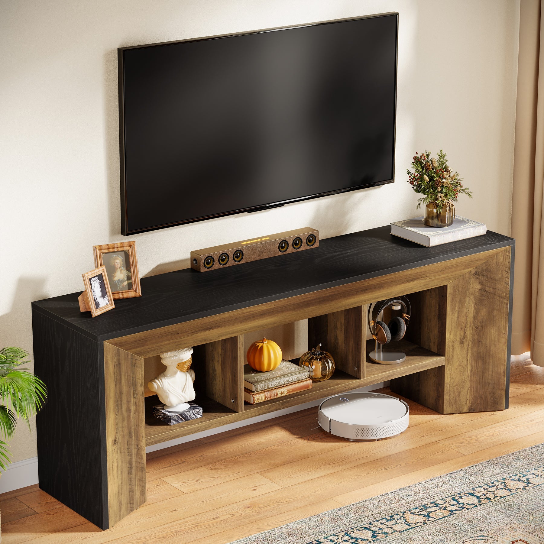 Mueble para TV de 160 cm, Mueble multimedia de 3 compartimentos para salón