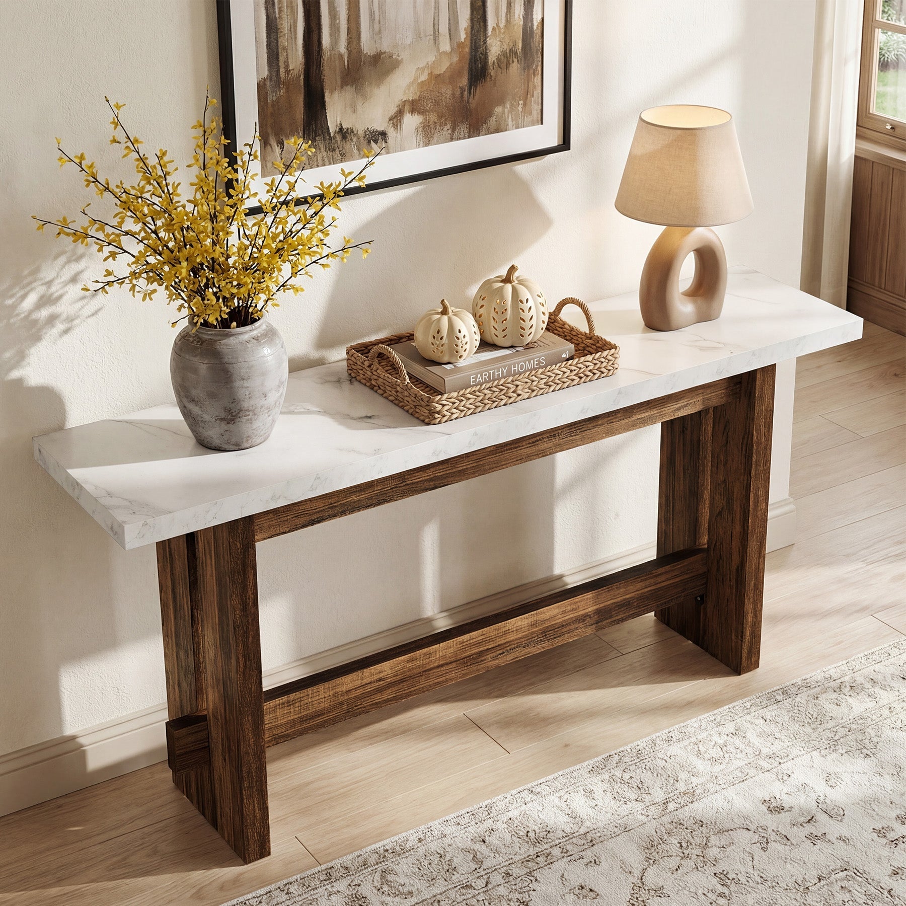 Tribesigns Consola de estilo rústico de 160 cm con tablero de aspecto mármol, Mesa auxiliar estrecha para recibidor y sala de estar