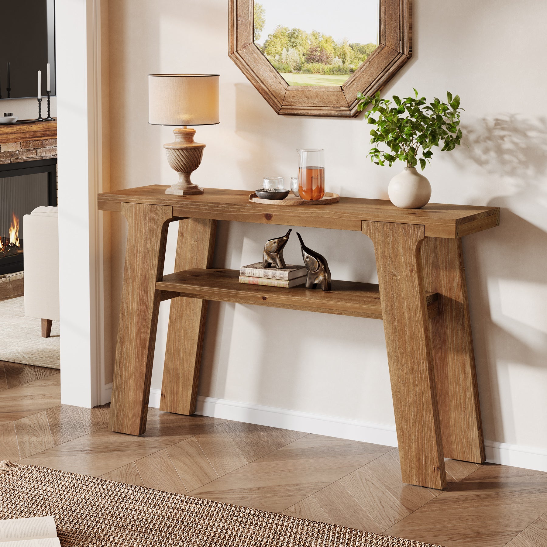 Tribesigns Consola de madera maciza de 120 cm, Mesa de recibidor y sofá rústica con 2 estantes estilo campestre