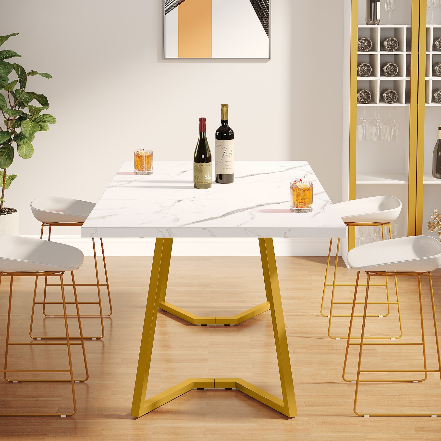 Tribesigns Mesa de Comedor Moderna, Mesa de Cocina de 140 cm con Patas de Metal Dorado para 6 Personas