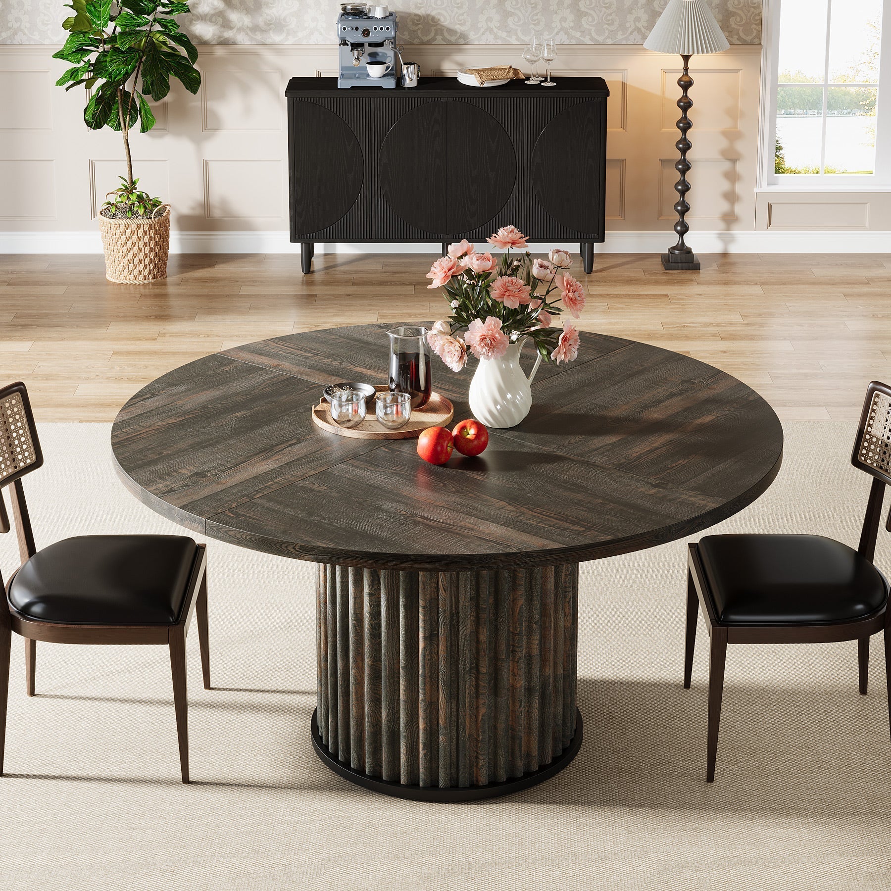 Tribesigns Mesa de comedor redonda negra de 120 cm para 4-6 personas, Mesa de cocina moderna con base de metal