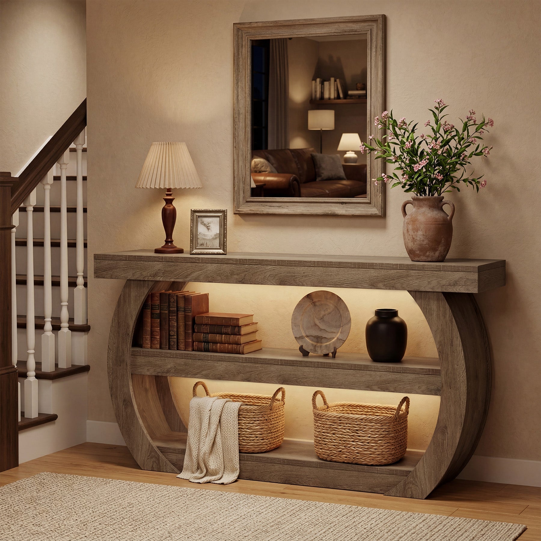 Tribesigns Mesa consola estilo granja (160 cm), Mesa de madera de 3 niveles para pasillo con estante de almacenamiento