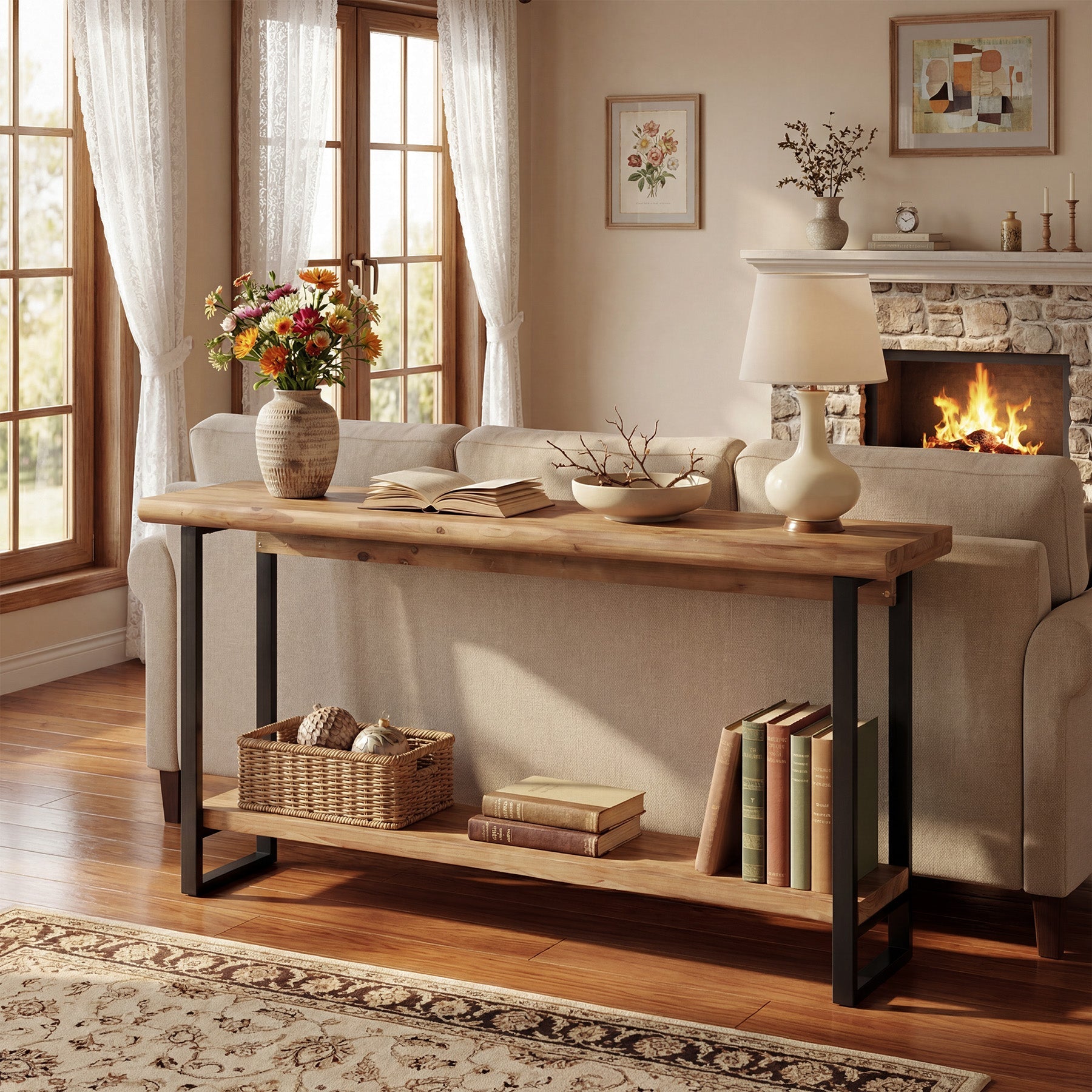 Tribesigns Consola de madera maciza de 160 cm con borde natural, Mesa de centro de 2 niveles