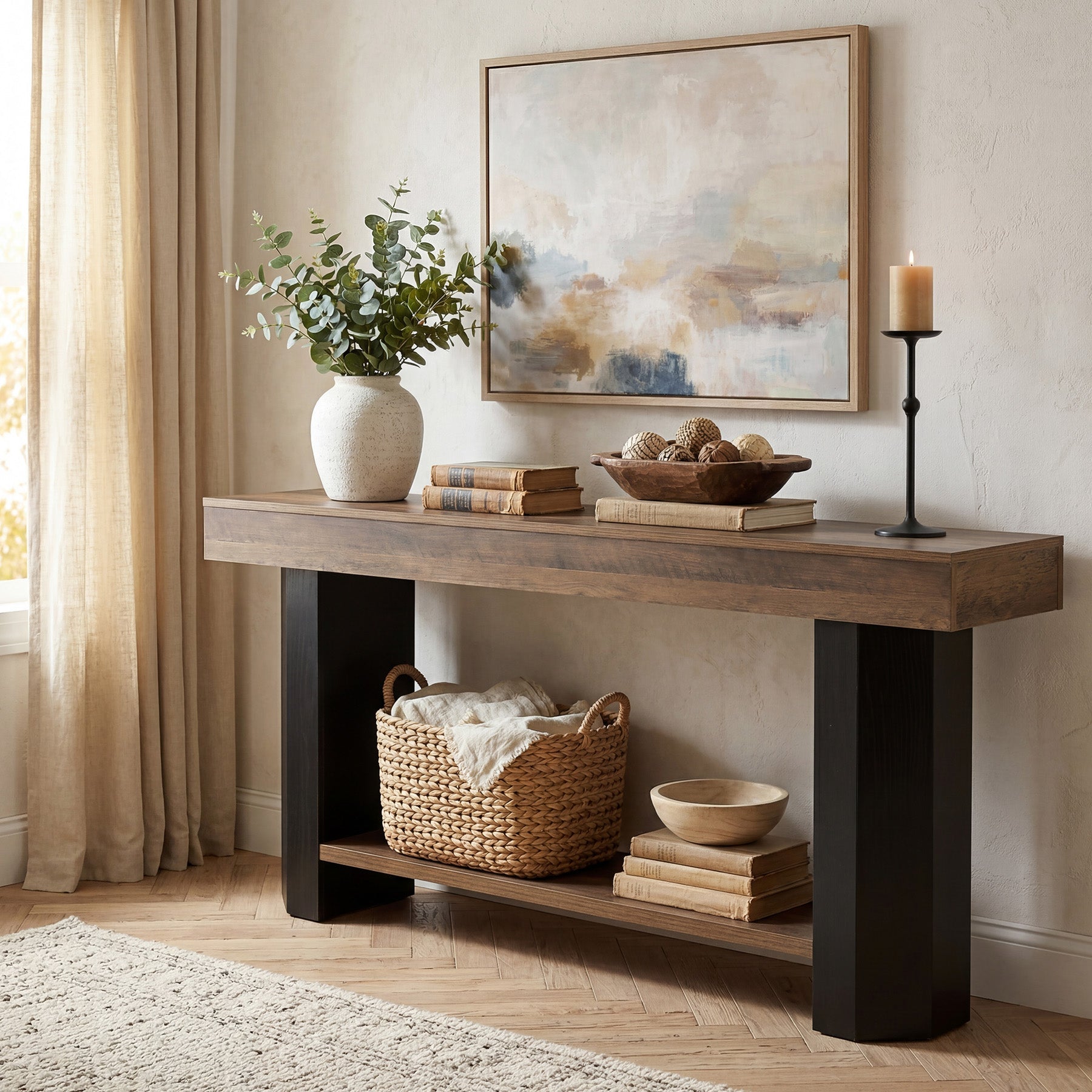 Mesa consola de 160 cm con 2 estantes, Mesa estrecha de estilo industrial para recibidor