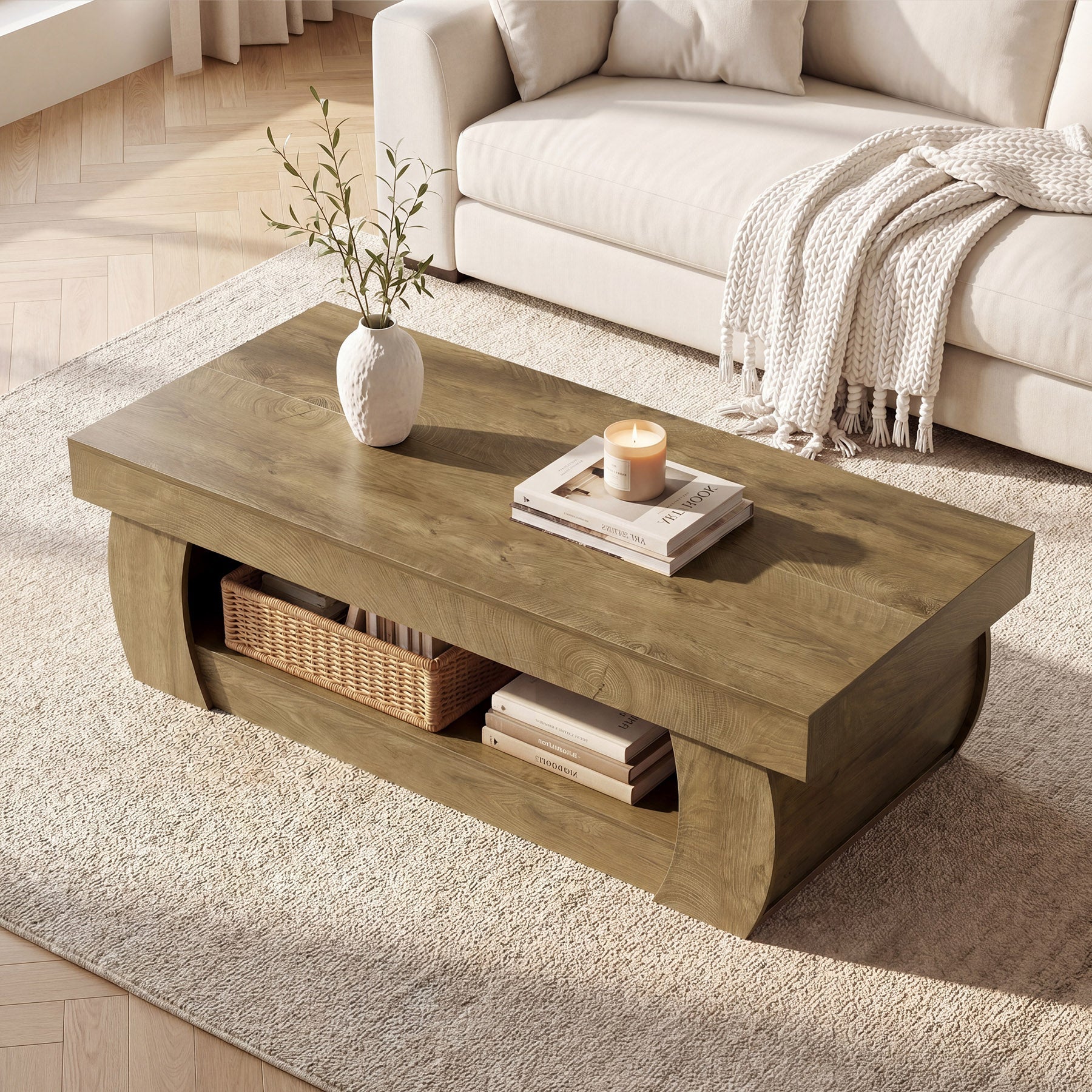 Tribesigns Mesa de centro moderna de 140 cm con estante de almacenamiento abierto, Mesa de salón rectangular con laterales curvos para salón