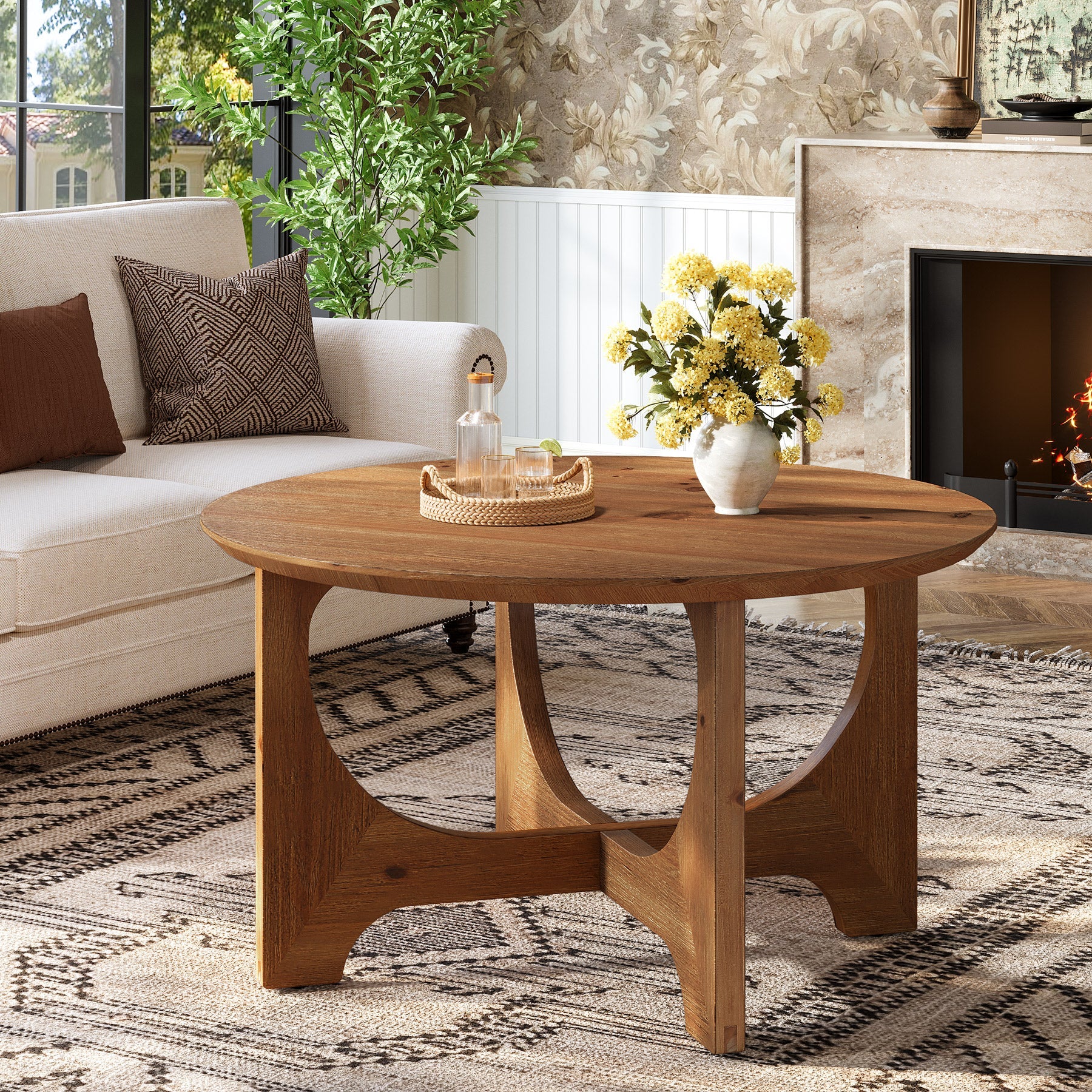 Tribesigns Mesa de centro redonda de madera maciza 80 cm, Mesa de salón de estilo rústico para salas de estar y espacios pequeños