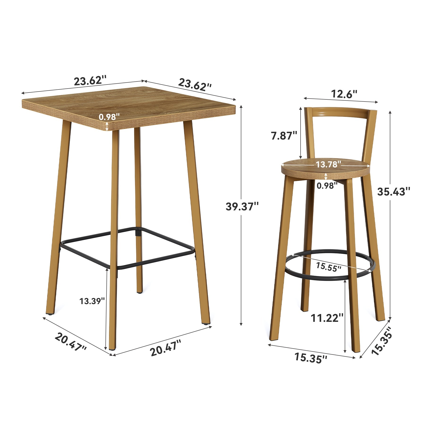Tribesigns Mesa de Bar Alta con 2 Taburetes, Mesa Bistró Cuadrada 100 cm con Reposapiés