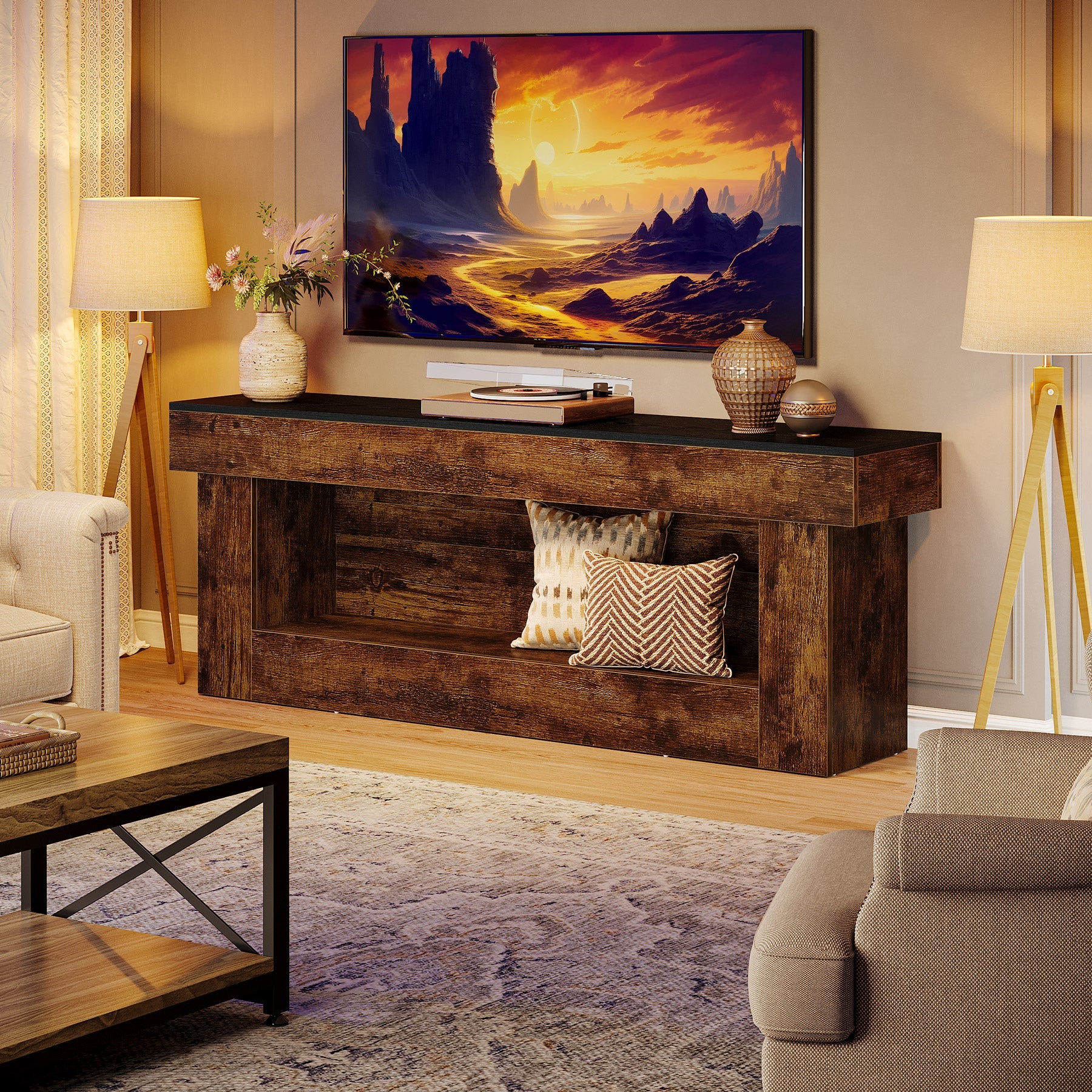 Mueble bajo para TV de 160 cm con espacio de almacenamiento, Mueble moderno para televisores de 60 a 70 pulgadas