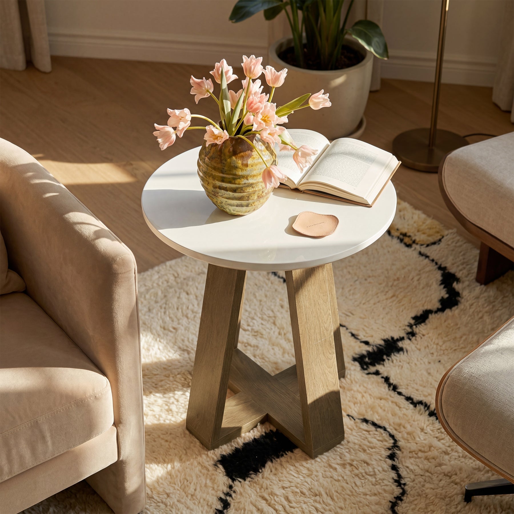 Tribesigns Mesa auxiliar redonda de 50 cm, Mesita de noche moderna blanca para salón y dormitorio