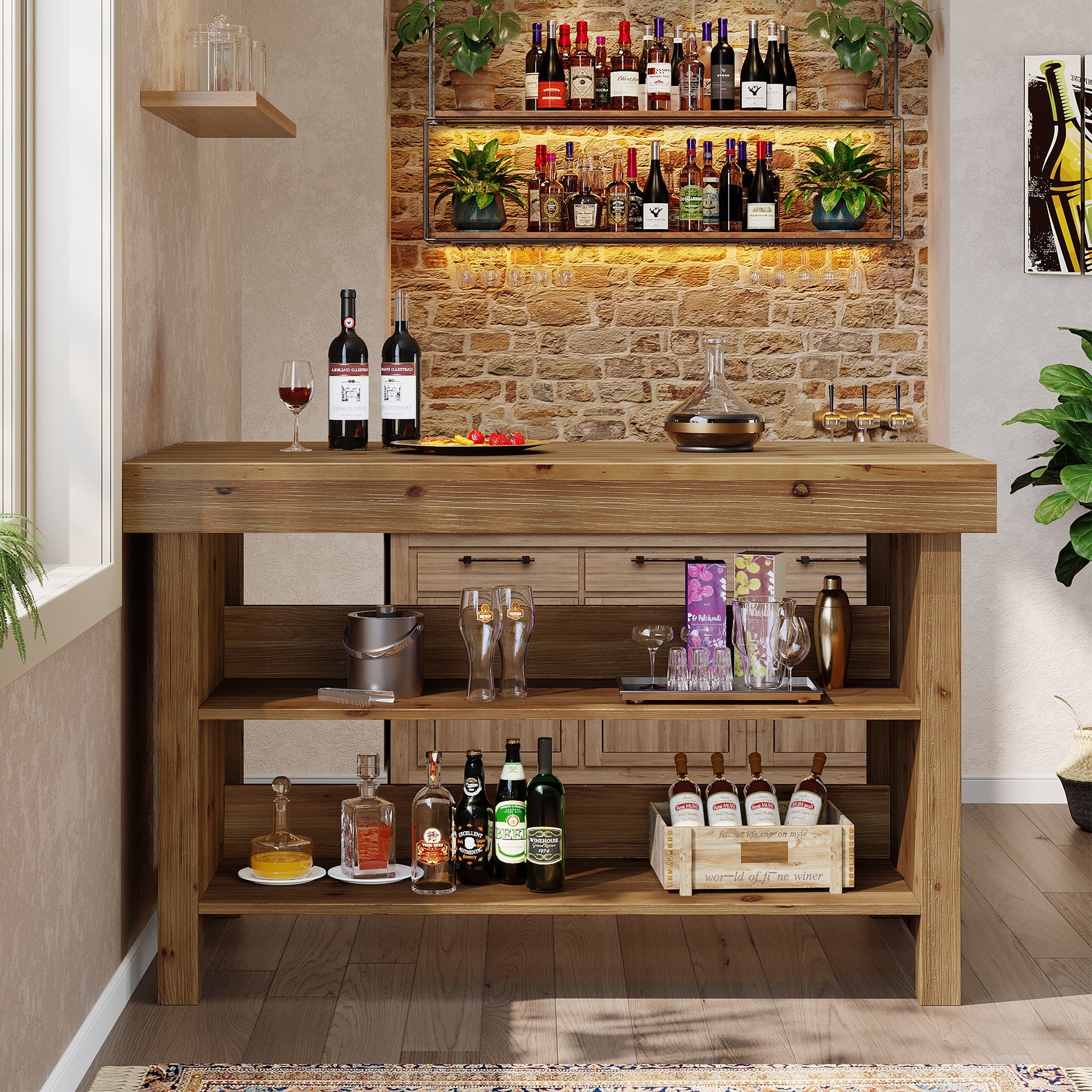Tribesigns Isla de cocina de madera maciza con almacenamiento y asientos, Mesa de cocina con 2 estantes abiertos