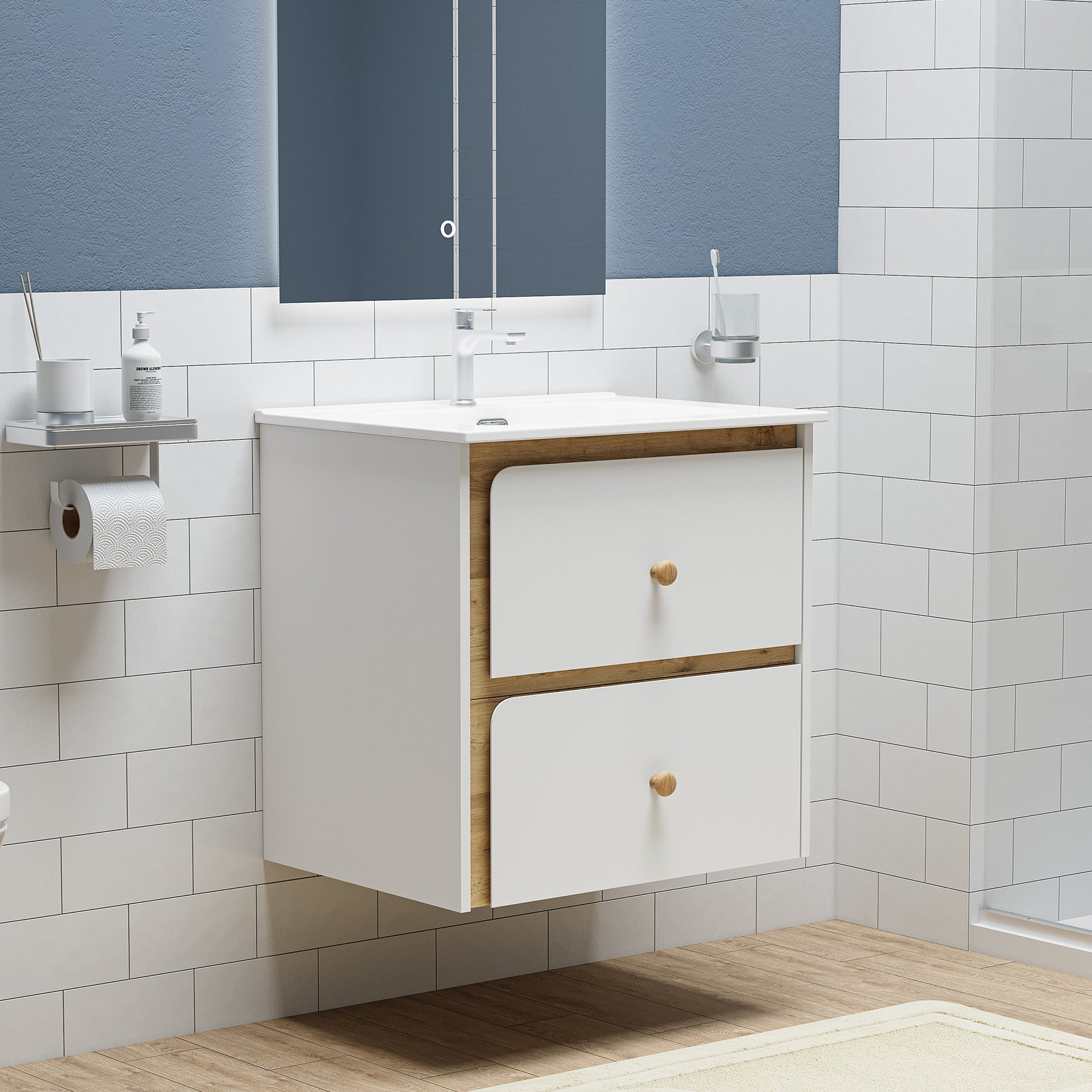 Tribesigns Mueble de baño suspendido con lavabo de cerámica, Mueble de baño moderno suspendido con puerta de cierre suave