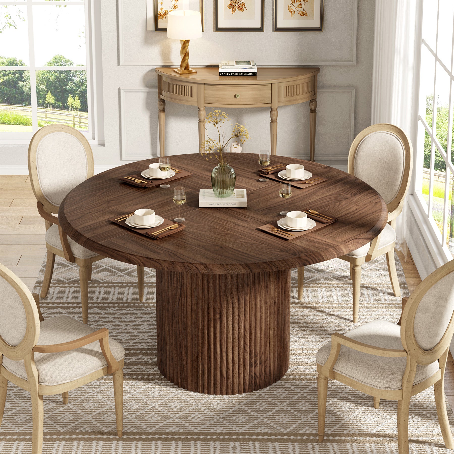 Tribesigns Mesa de comedor redonda de 120 cm, Estilo rústico con base de metal para 4 personas