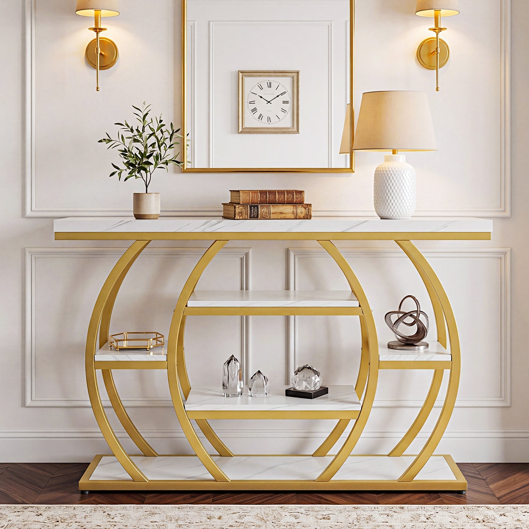 Tribesigns Mesa consola de 105 cm, Mesa estrecha para recibidor con 5 estantes, Estructura de metal dorado y tablero con aspecto de mármol