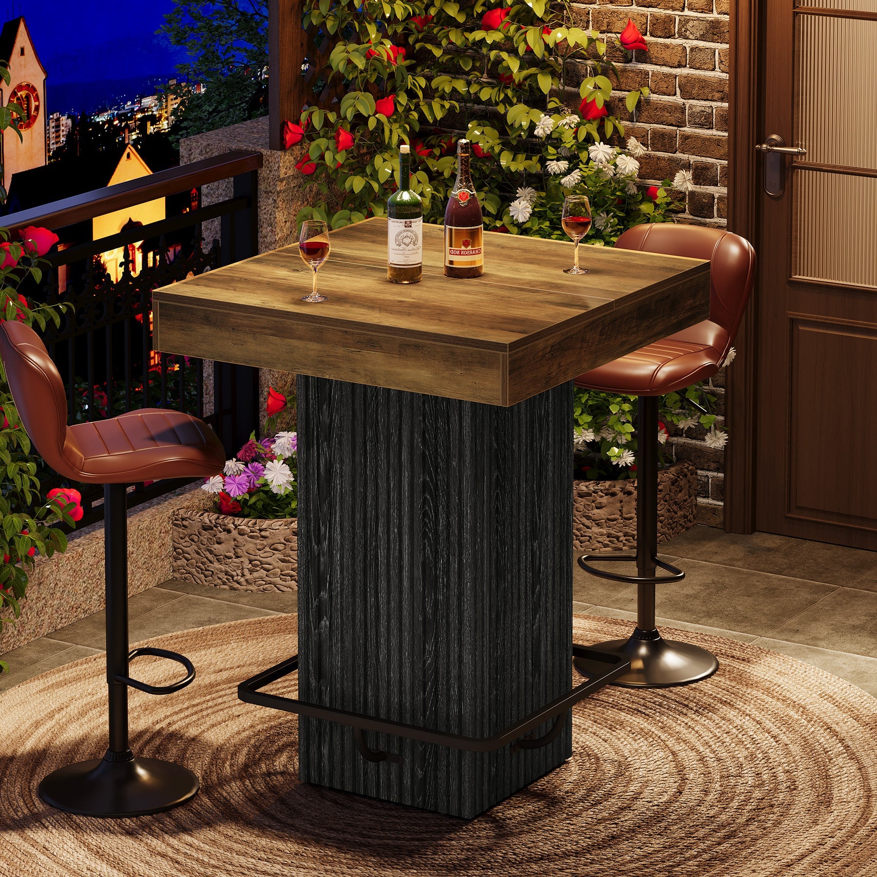 Mesa de bar cuadrada de 80 x 80 x 101 cm con reposapiés metálico, Mesa de pub industrial para cocina y comedor