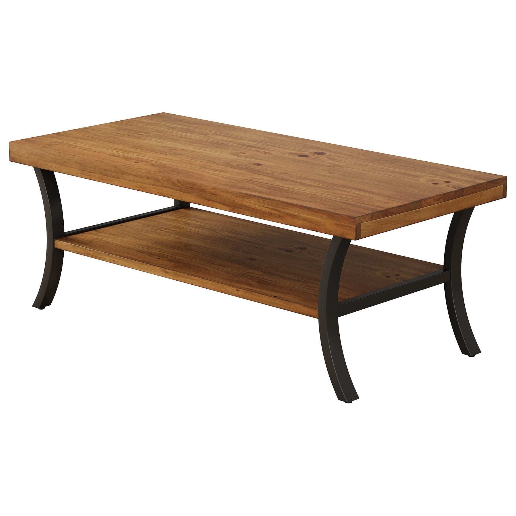 Tribesigns Mesa de centro de madera maciza de 120 cm con estante, Mesa de salón de 2 niveles con patas metálicas curvas