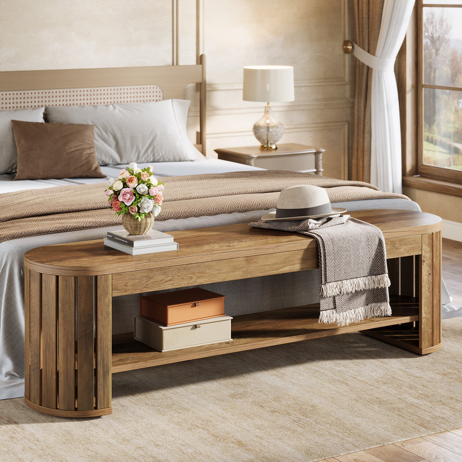 Tribesigns Banco zapatero de madera con almacenaje, Banco de 2 niveles para pasillo dormitorio y salón