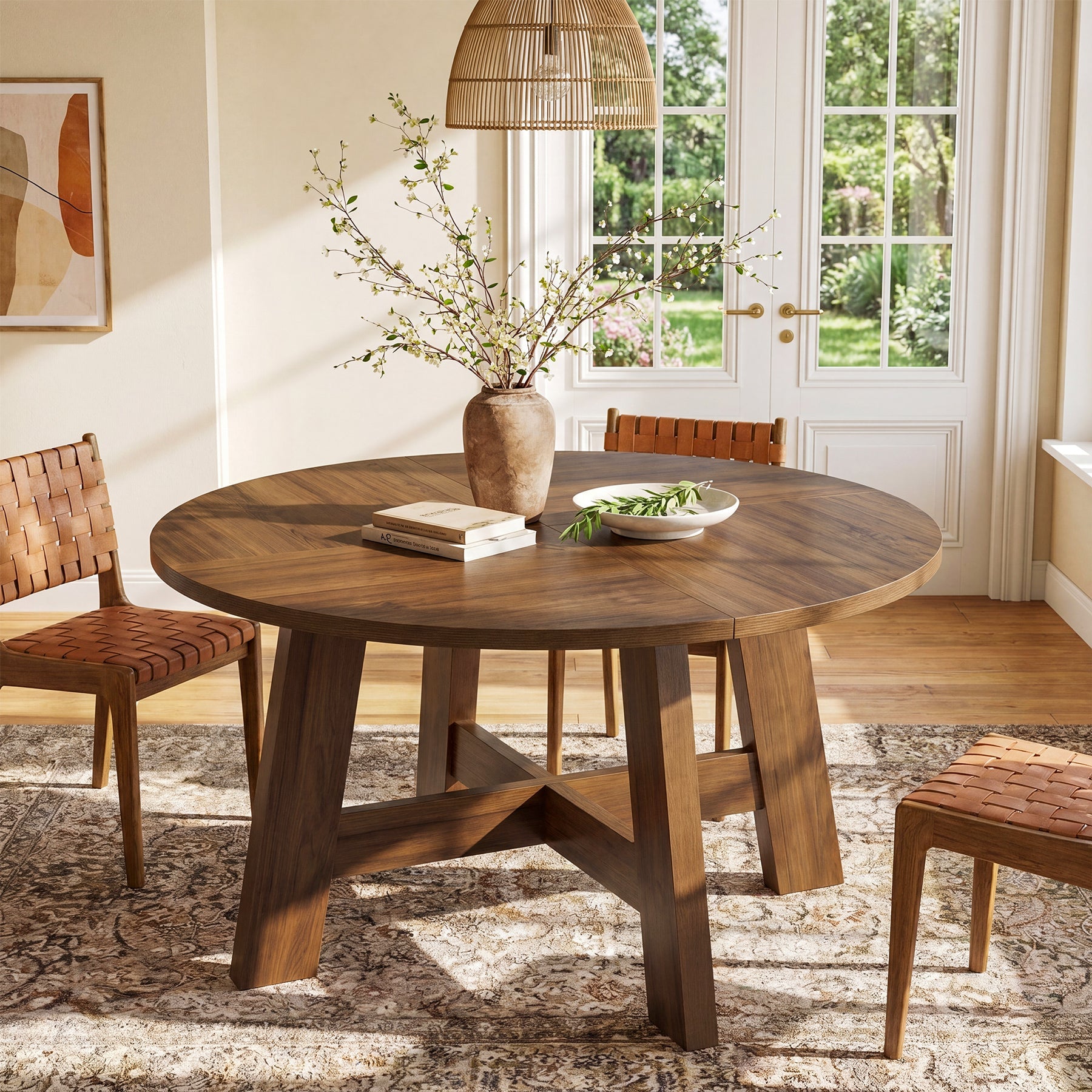 Tribesigns 118 cm ronde eettafel, farmhouse keukentafel met kruissteun voor 4-6 personen