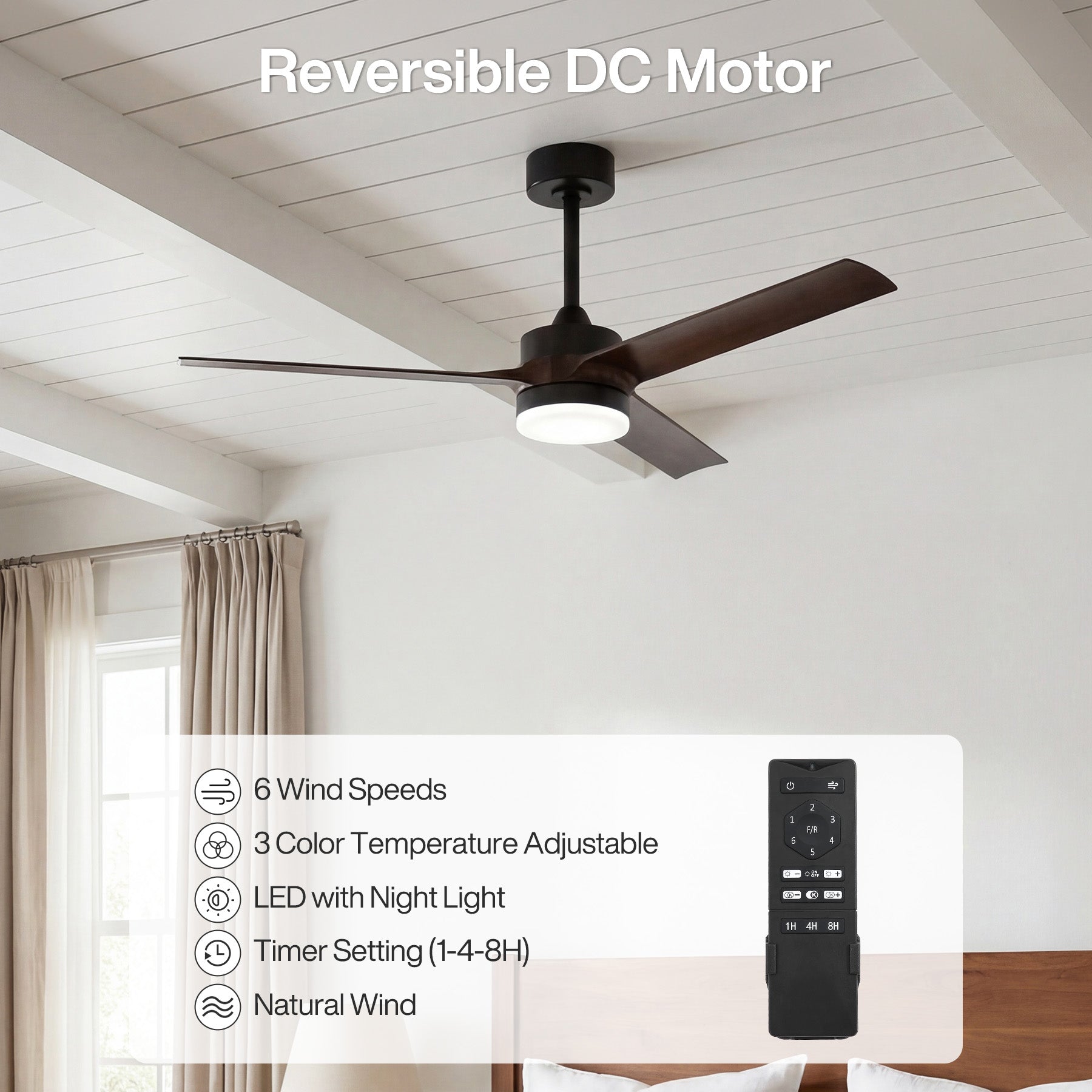 Tribesigns Ventilador de techo de 130 cm con luz y mando a distancia, Iluminación LED regulable, función reversible, motor de CC silencioso y 3 aspas