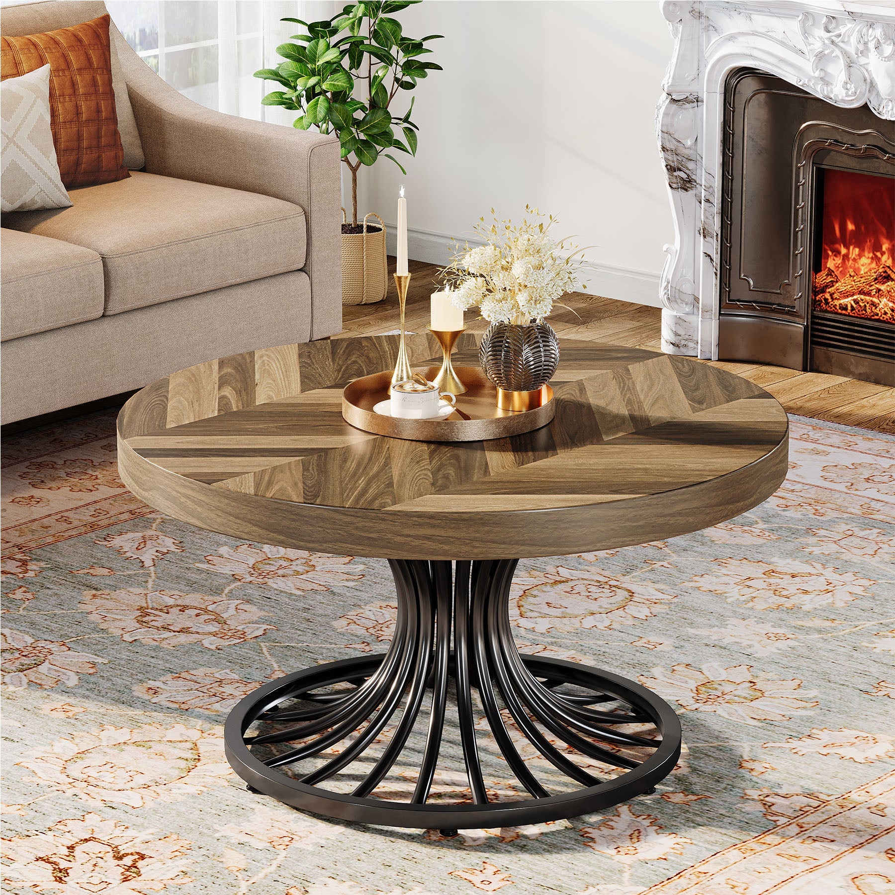 Tribesigns Mesa de centro, Mesa de centro circular de estilo rústico de 80 cm con pedestal elegante