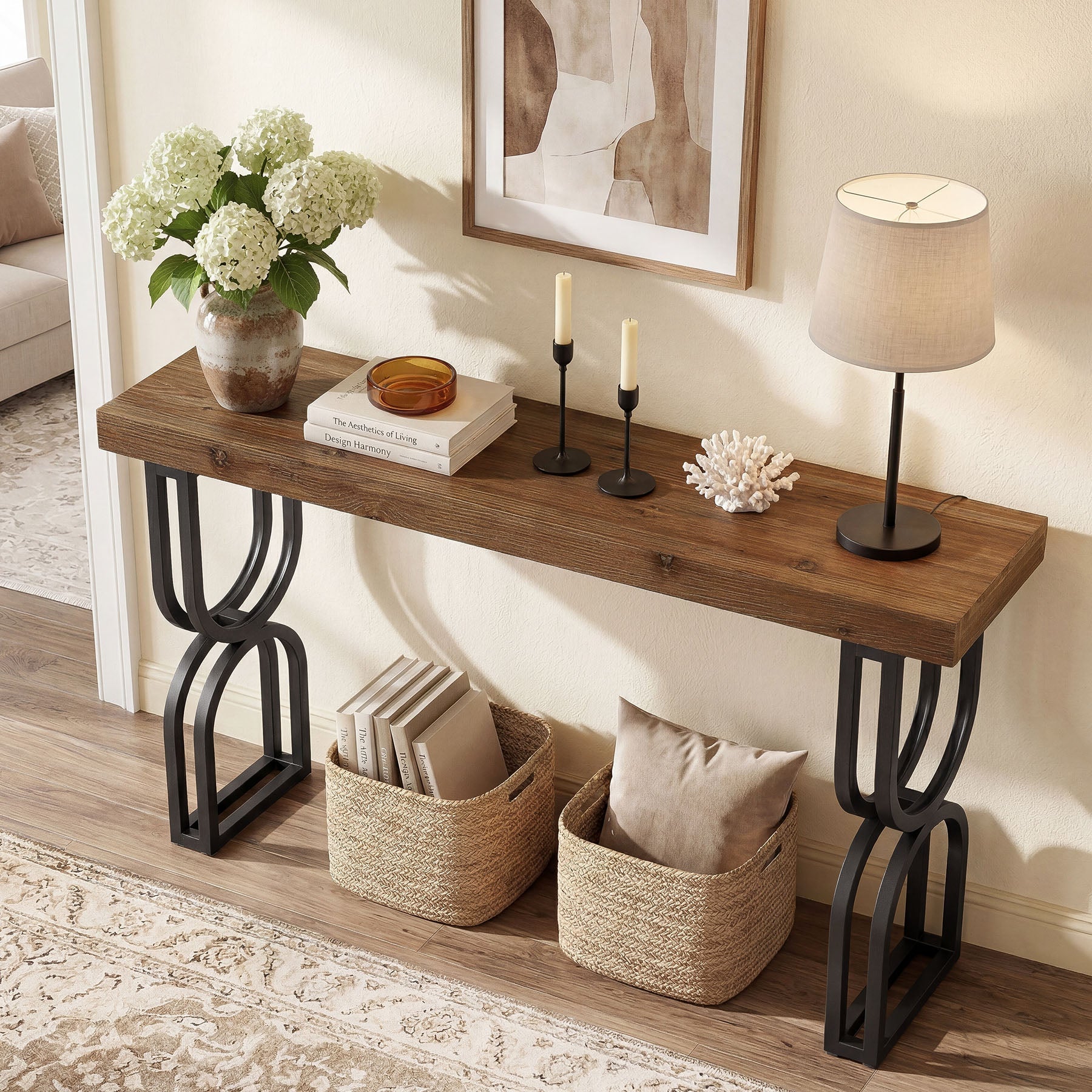 Tribesigns Mesa consola de madera maciza de 150 cm con patas metálicas en forma de U para recibidor