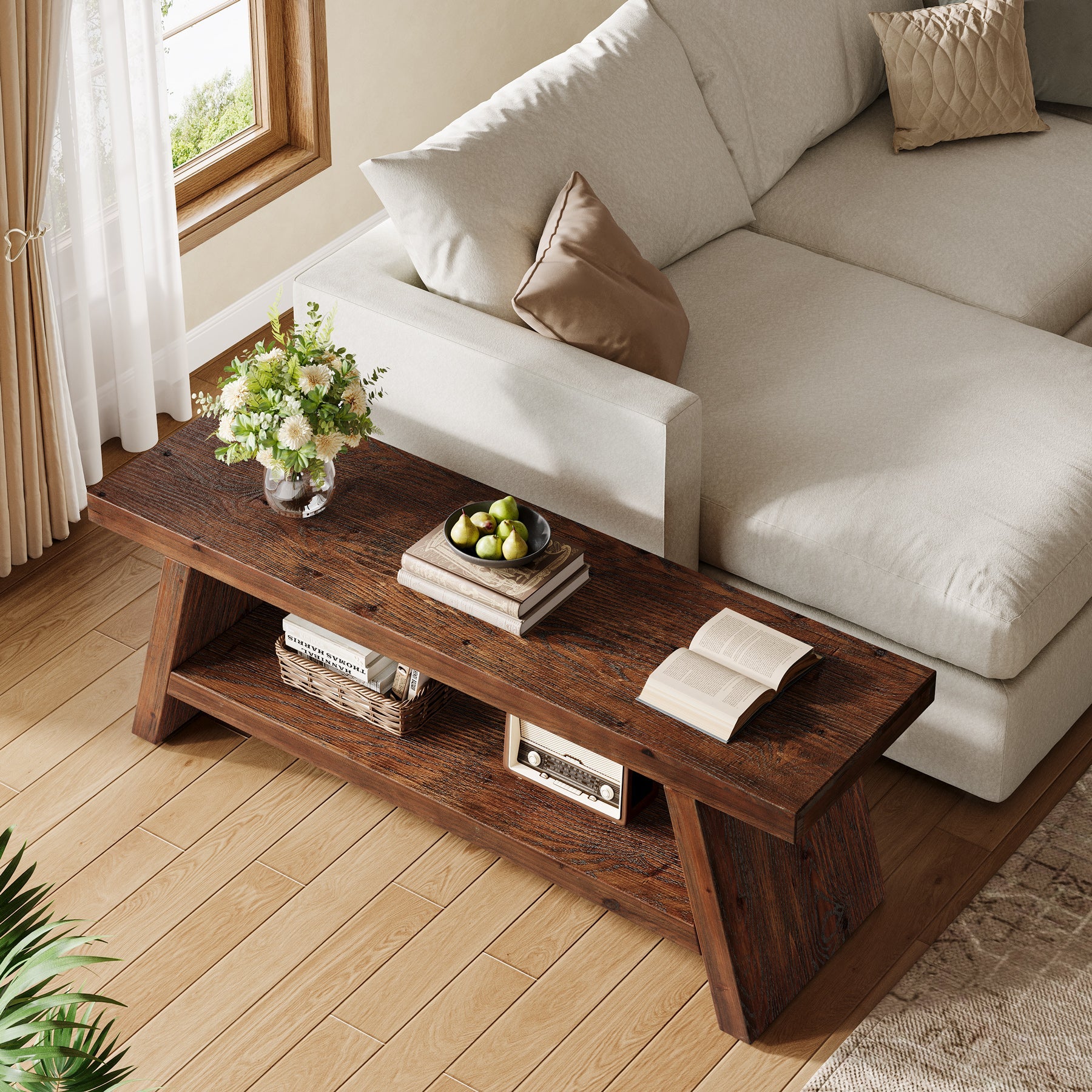 Tribesigns Banco de madera maciza con estante, Banco zapatero de 2 niveles de estilo rústico para pasillo y dormitorio