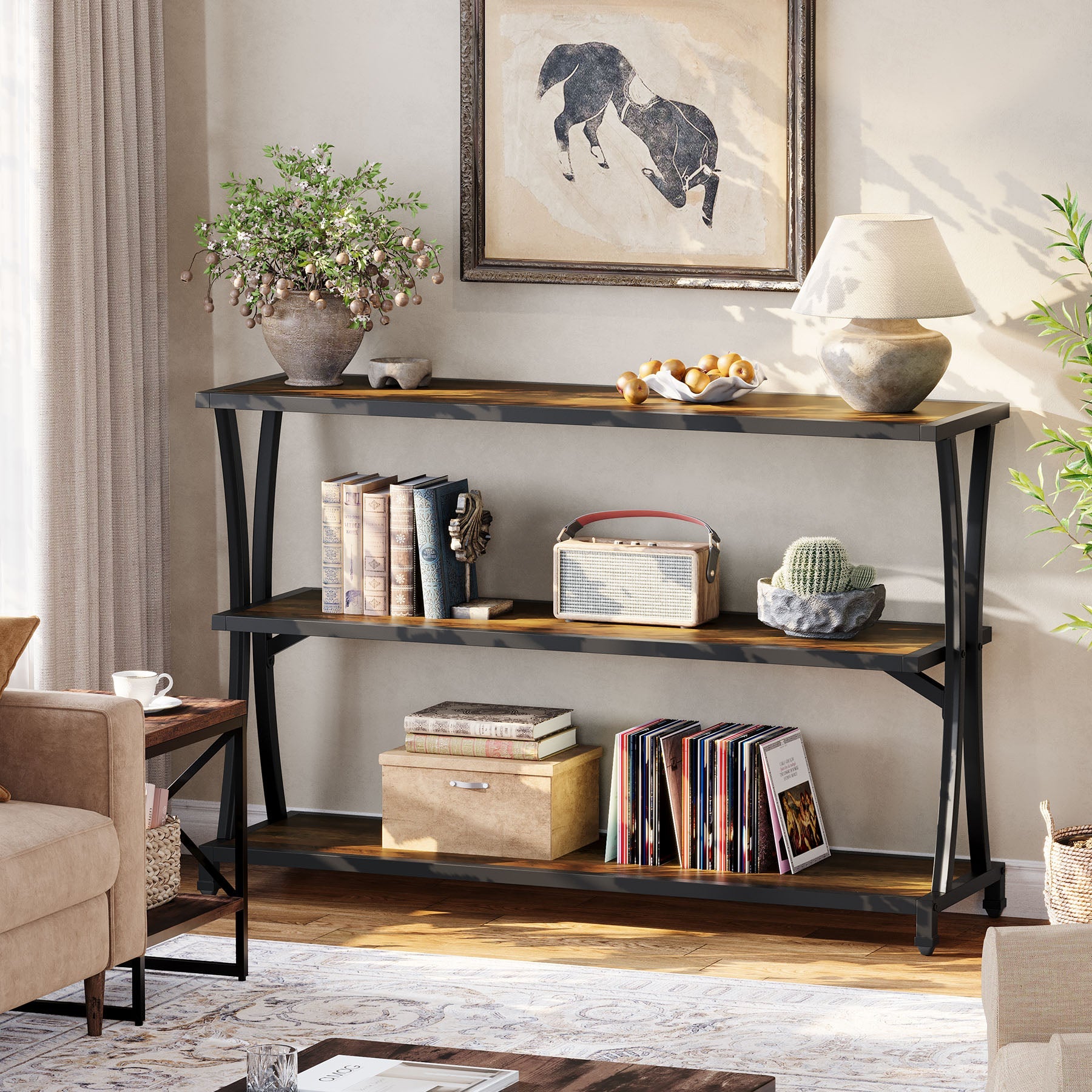 Tribesigns Consola estrecha de estilo industrial con 3 estantes, Mesa de recibidor y de sofá en imitación madera con estructura de metal resistente