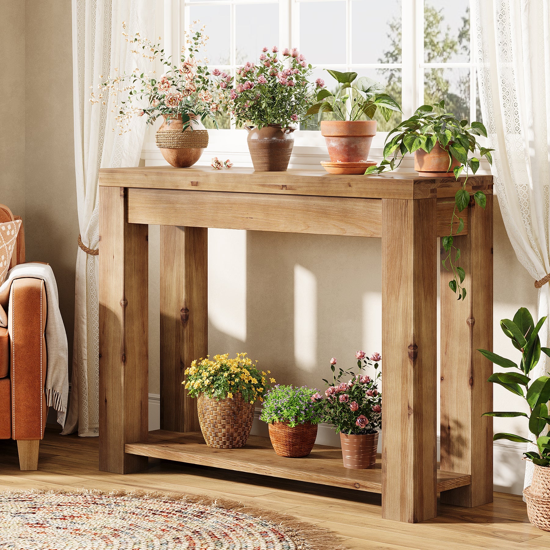 Tribesigns Consola de estilo rústico de madera maciza de 110 cm, Mesa auxiliar estrecha para salón y recibidor