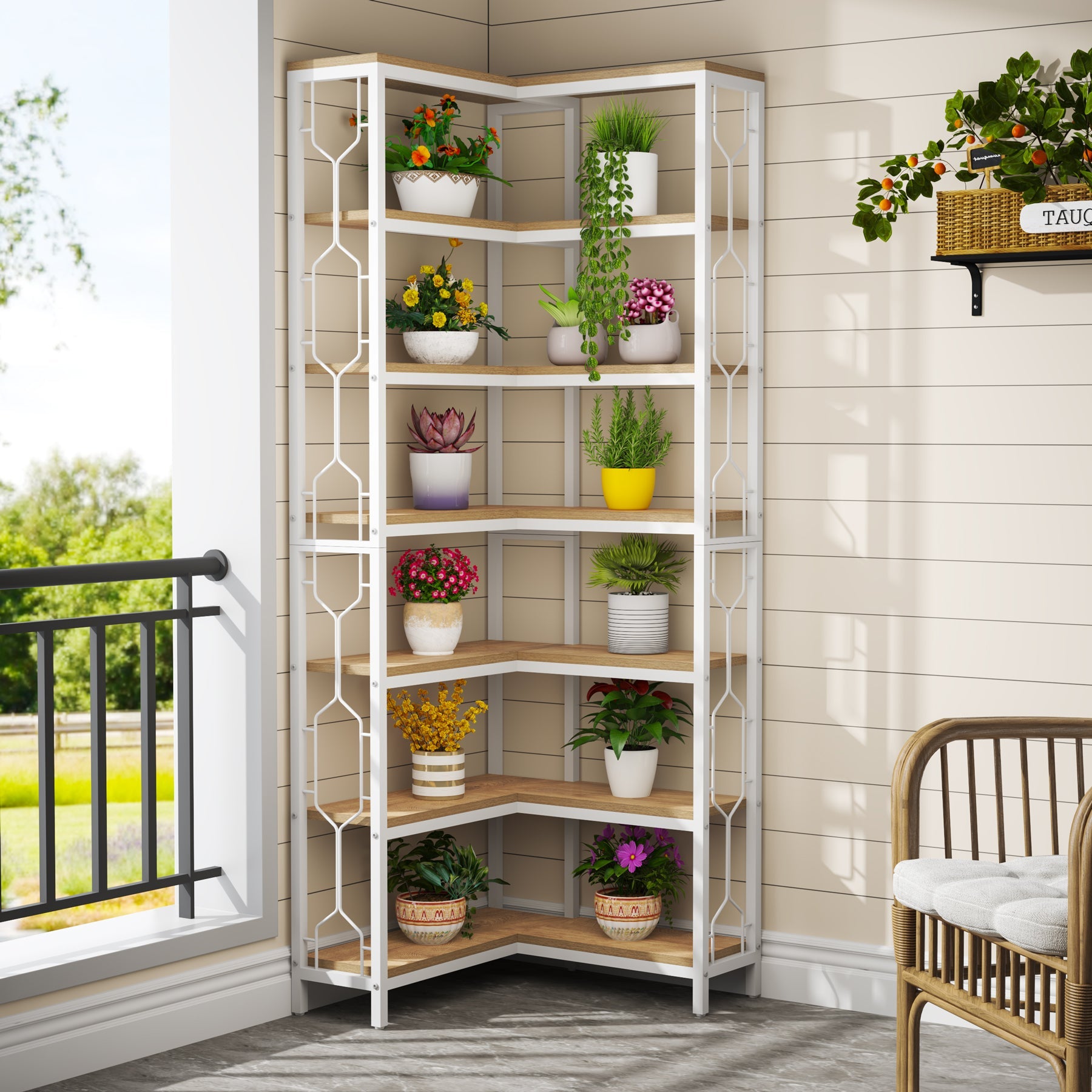 Tribesigns Estantería esquinera de madera y metal, Librería industrial de 7 niveles