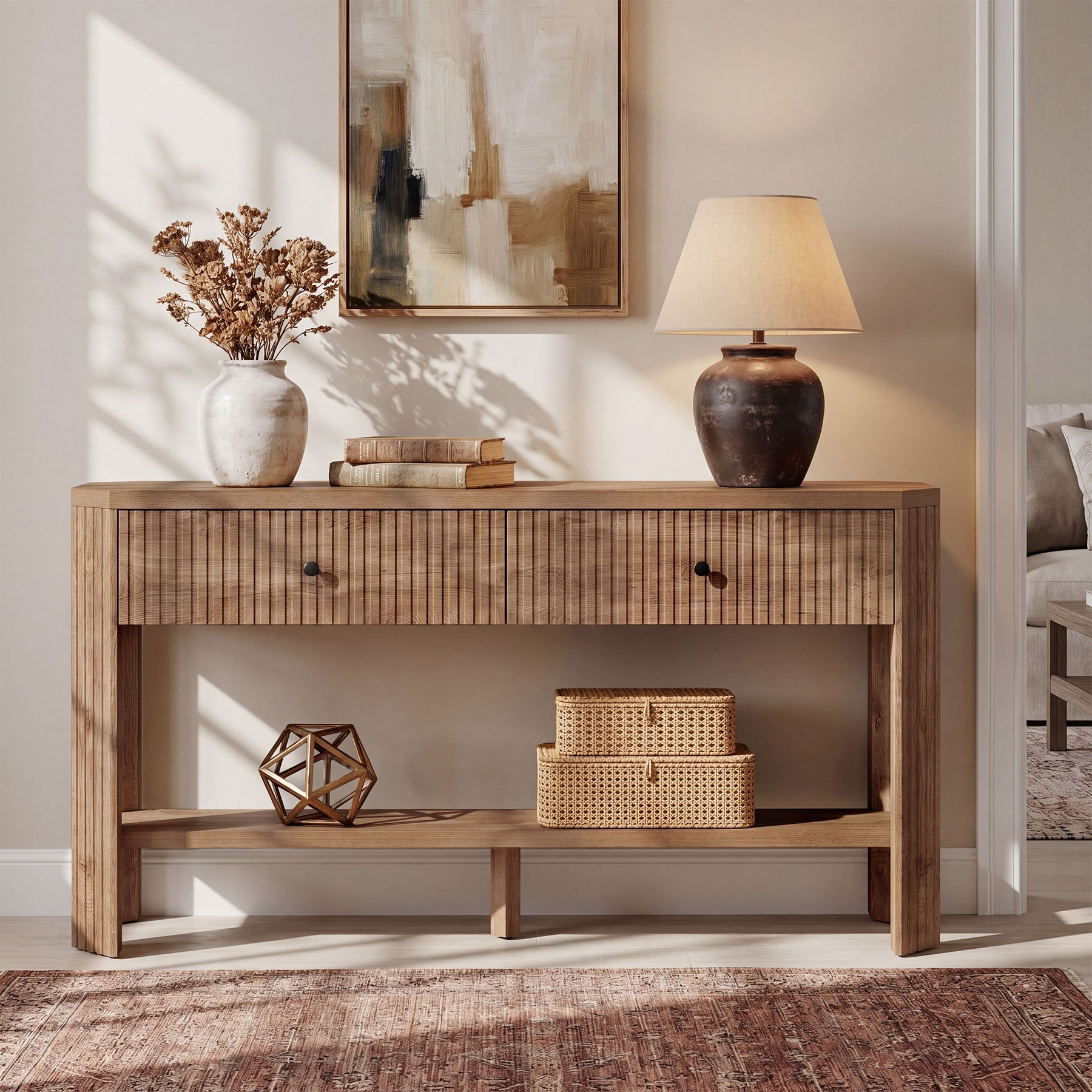 Mesa consola de 150 cm con 2 cajones, Mesa moderna y estrecha para recibidor con estante y espacio de almacenamiento
