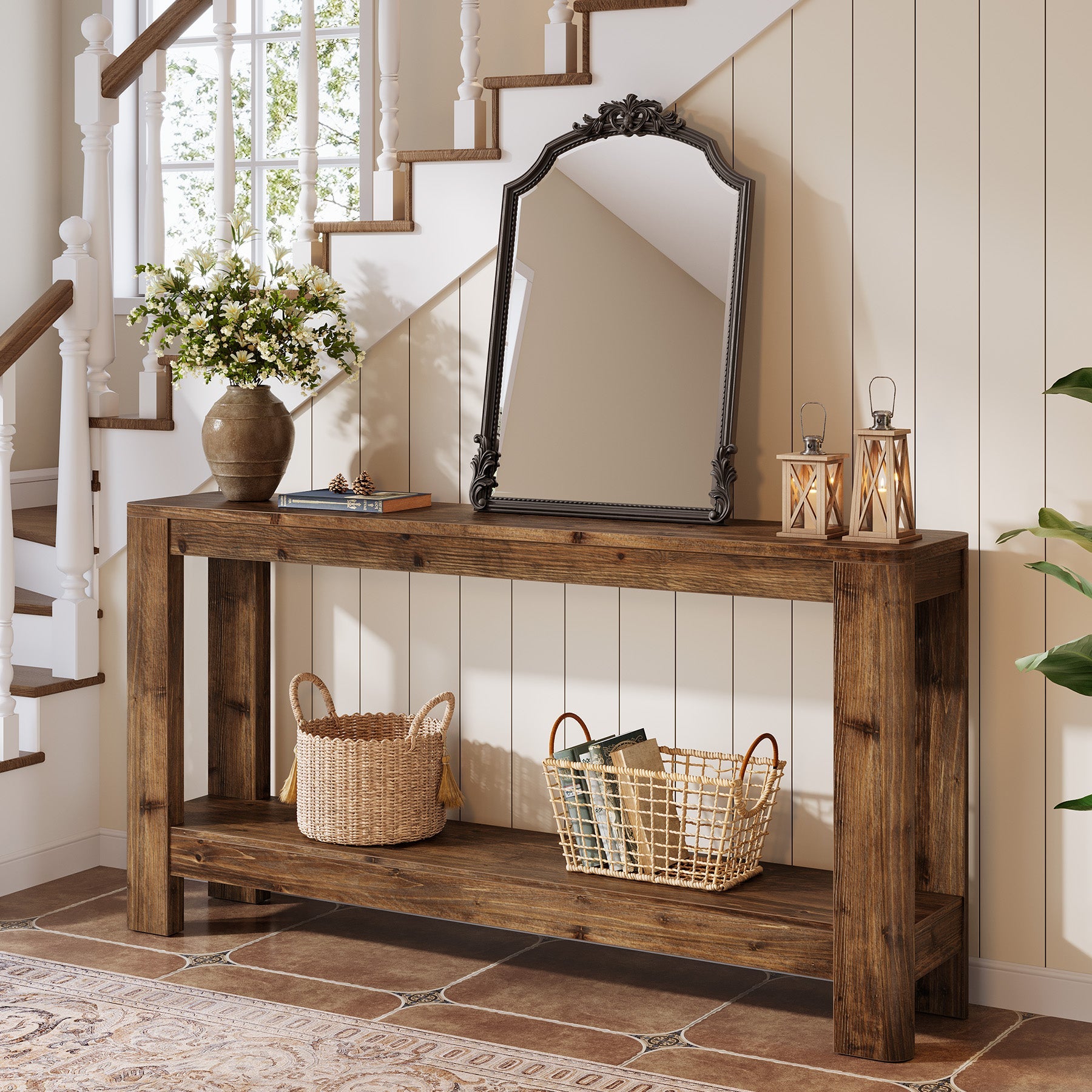 Tribesigns Mesa consola de madera maciza de 160 cm, Mesa auxiliar estrecha de estilo rústico con estante