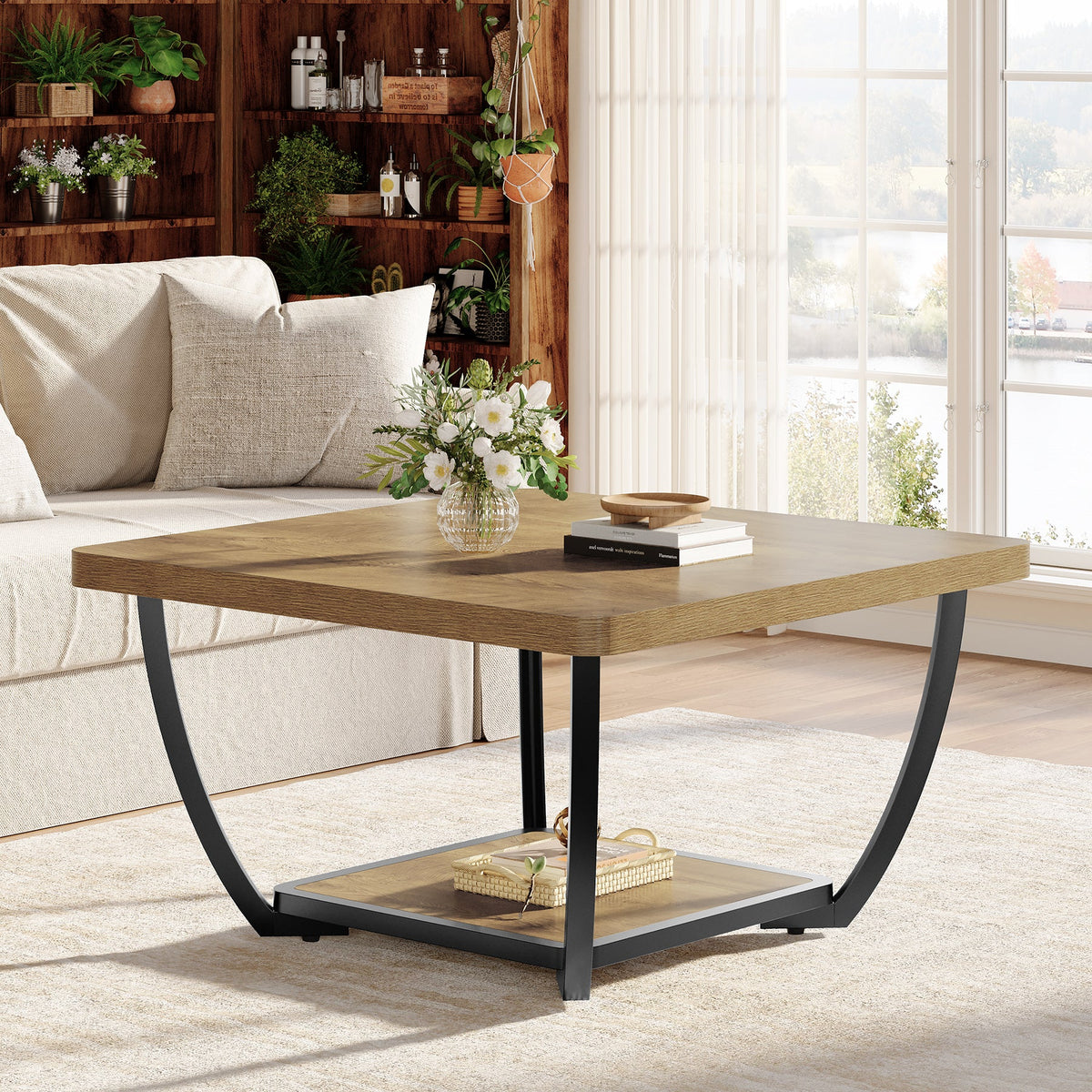Tribesigns Mesa de centro cuadrada de 80 cm con estante, Mesa de salón de dos niveles con estructura metálica