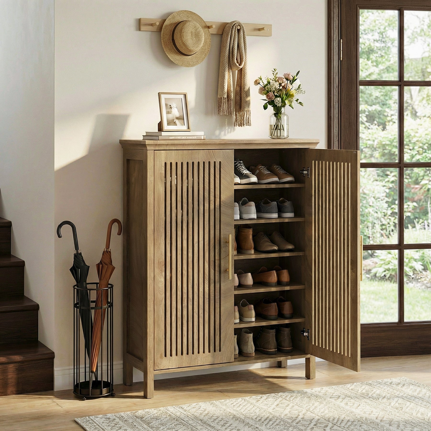 Tribesigns Zapatero de 120 cm con puertas y estantes ajustables, Zapatero de 5 niveles para recibidor y sala de estar