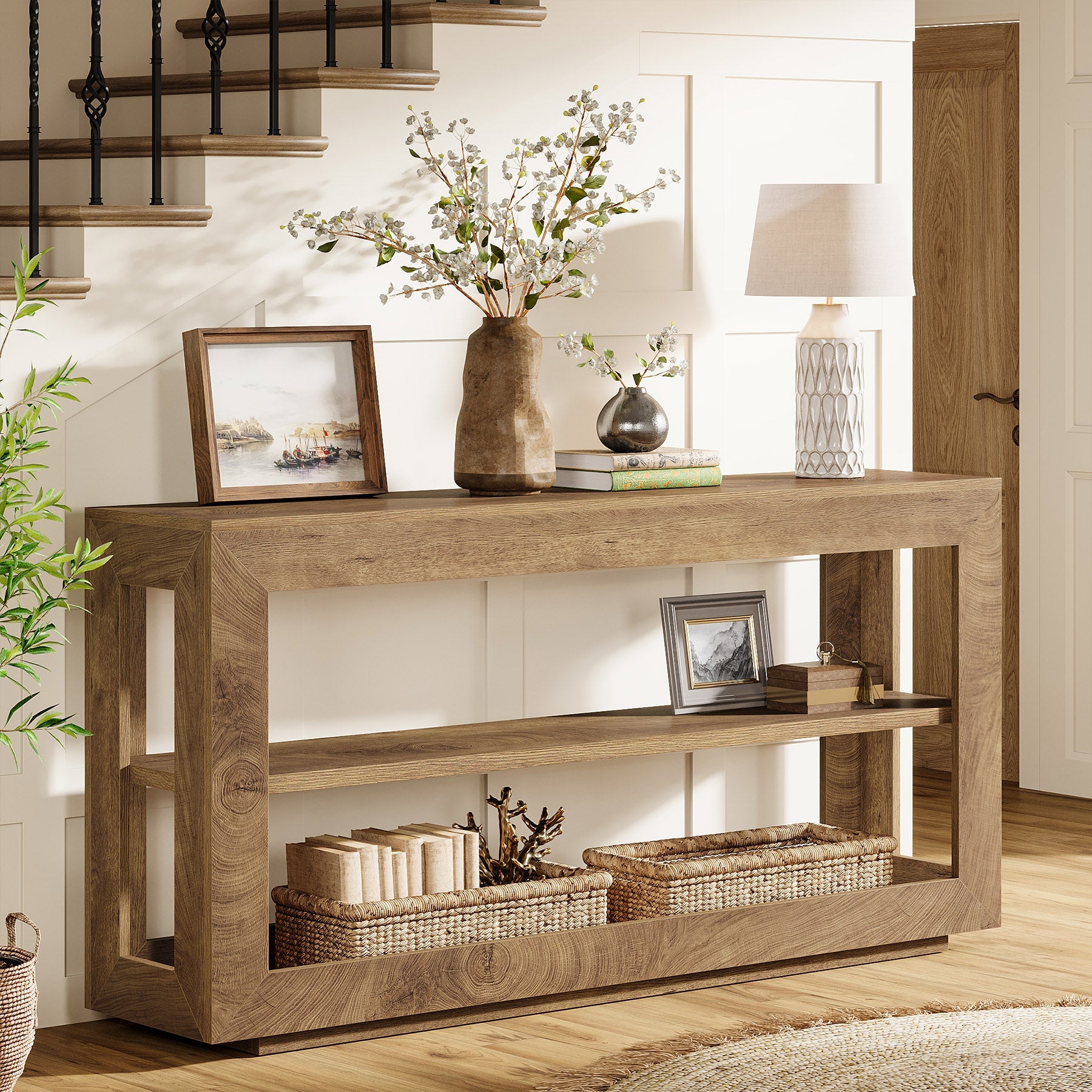 Tribesigns Mesa consola de 160 cm, Mesa de entrada estilo rústico con estante de almacenamiento de 3 niveles