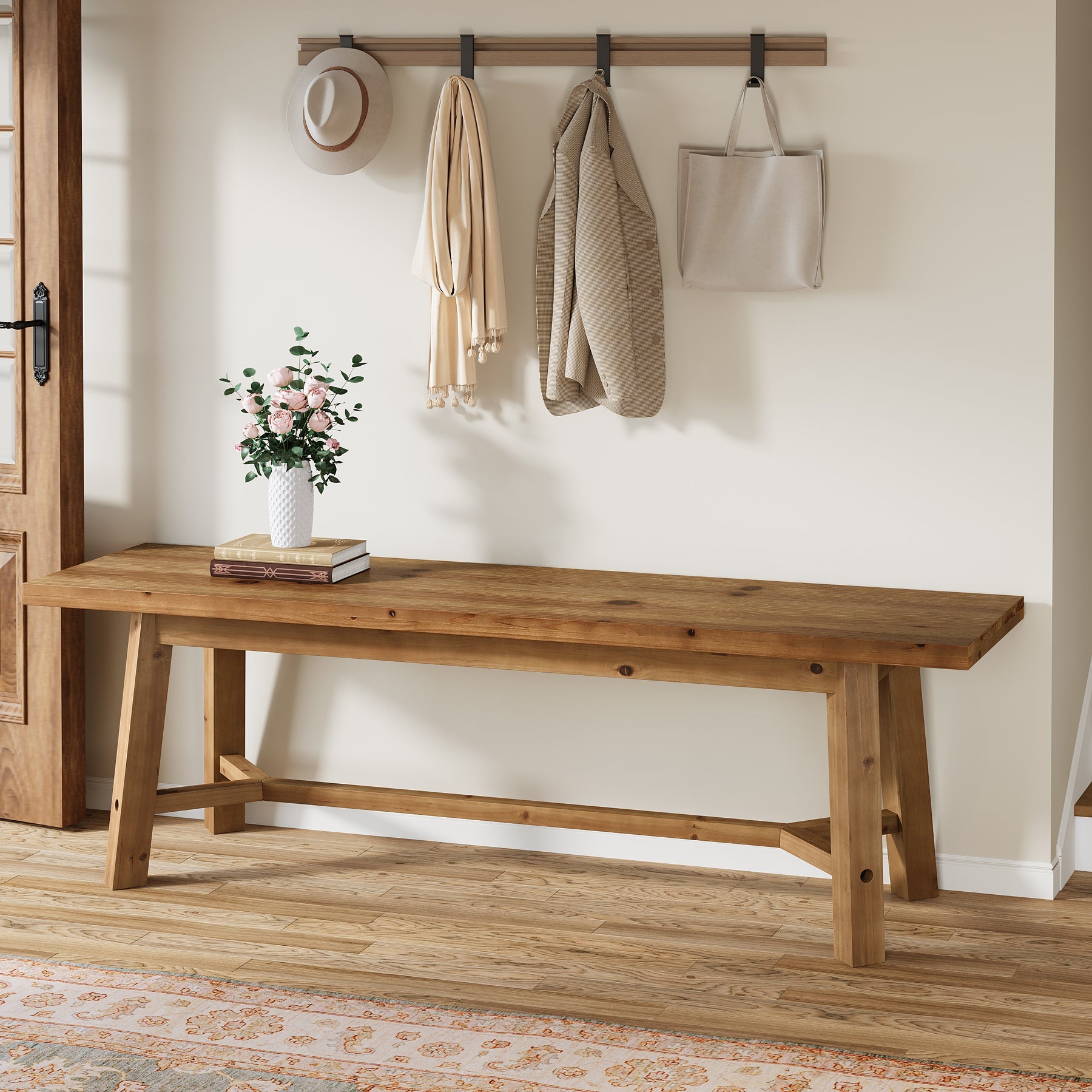 Banco de recibidorde 140 cm de madera maciza con estructura robusta, Banco rústico para recibidor y sala de estar