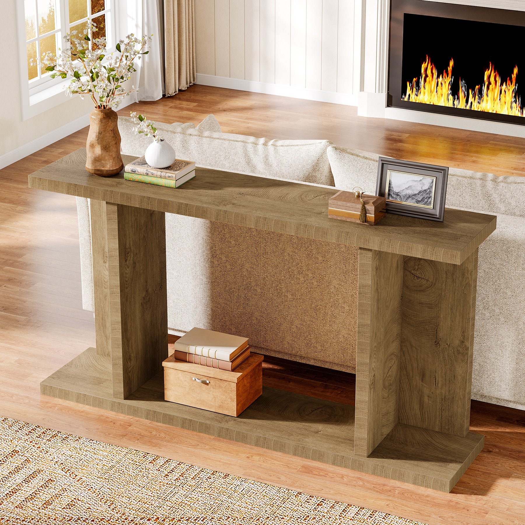 Tribesigns Mesa consola de 140 cm de estilo rústico, Consola estrecha de 2 niveles con base