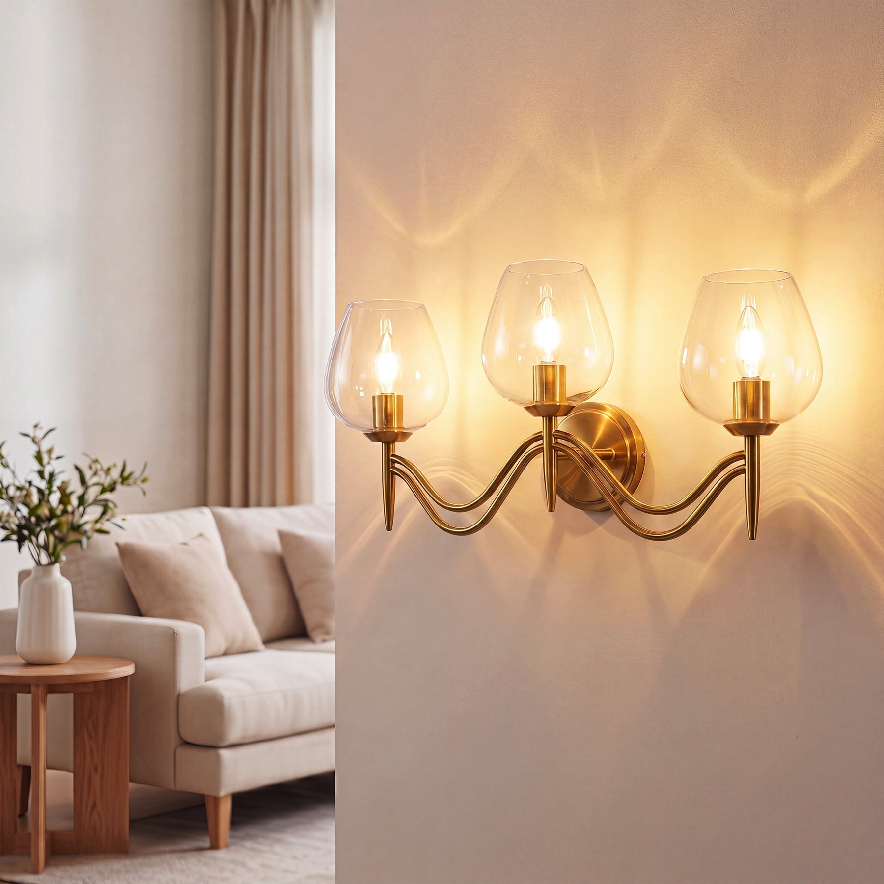 Lámpara de baño de 3 luces 58 cm, de latón con espejo y cristal transparente, casquillo E14