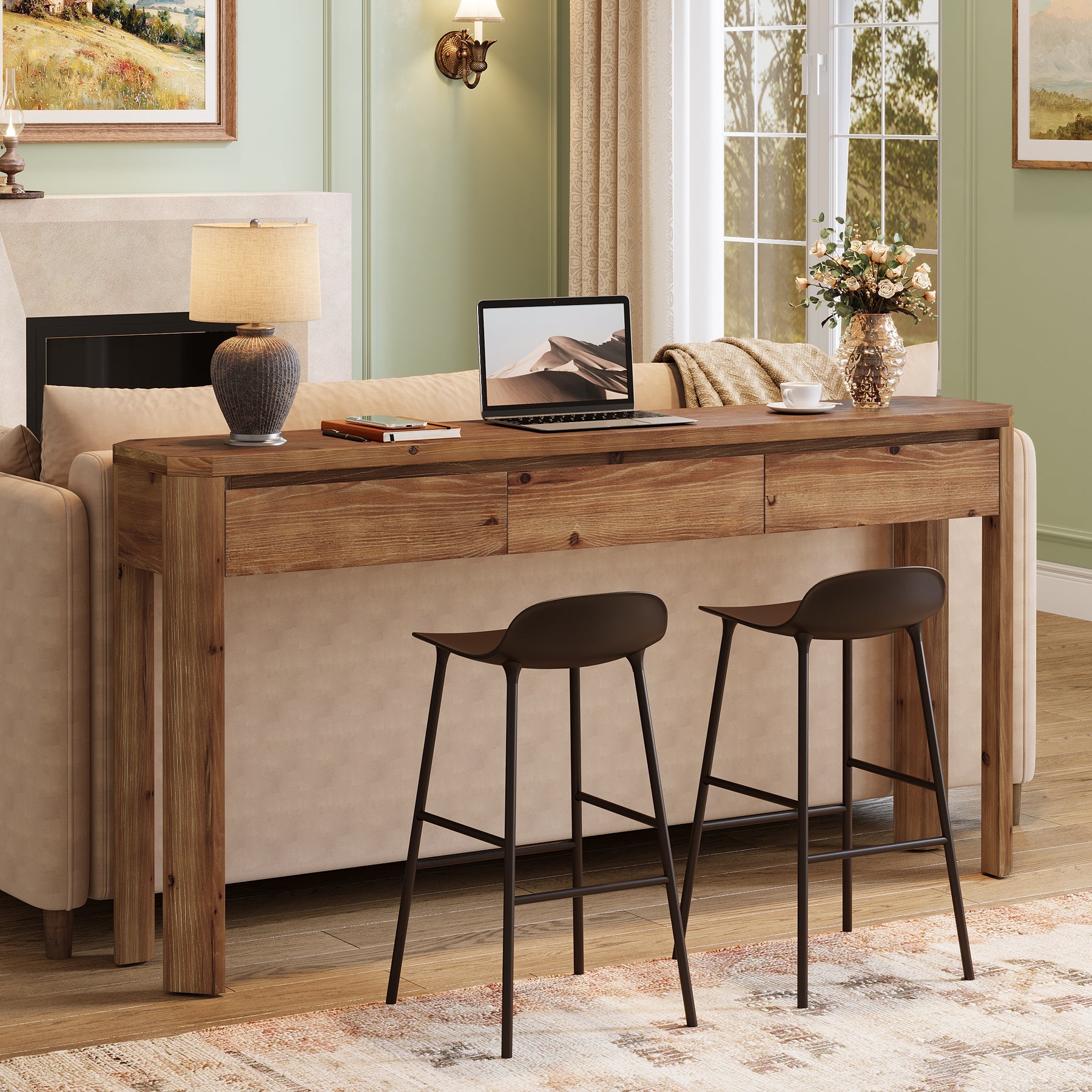 Tribesigns Consola de madera maciza de 160 cm con 3 cajones, Mesa de recibidor y sofá esquinas redondeadas estilo rústico