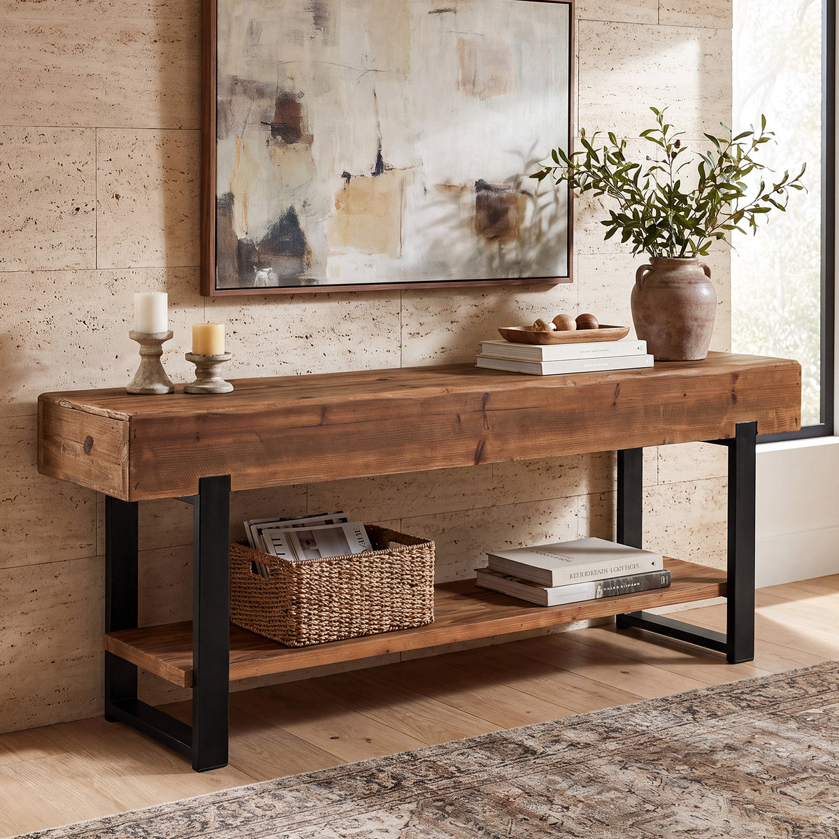 Tribesigns Mueble para TV de madera maciza para televisores, Centro de entretenimiento de estilo industrial de 2 niveles con estructura metálica