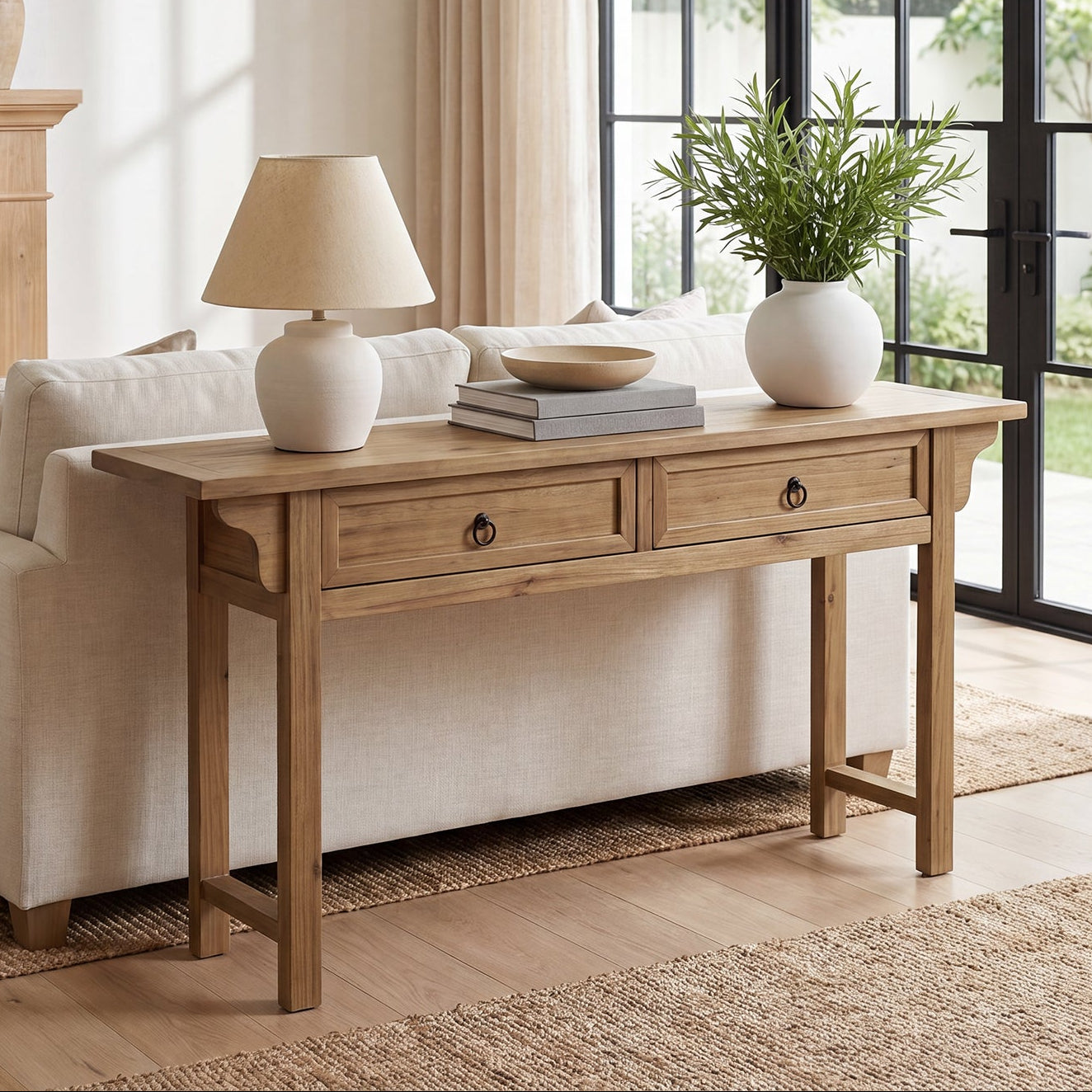 Tribesigns Consola de madera maciza de 160 cm con 2 cajones, Mesa de recibidor estrecha con espacio de almacenamiento.