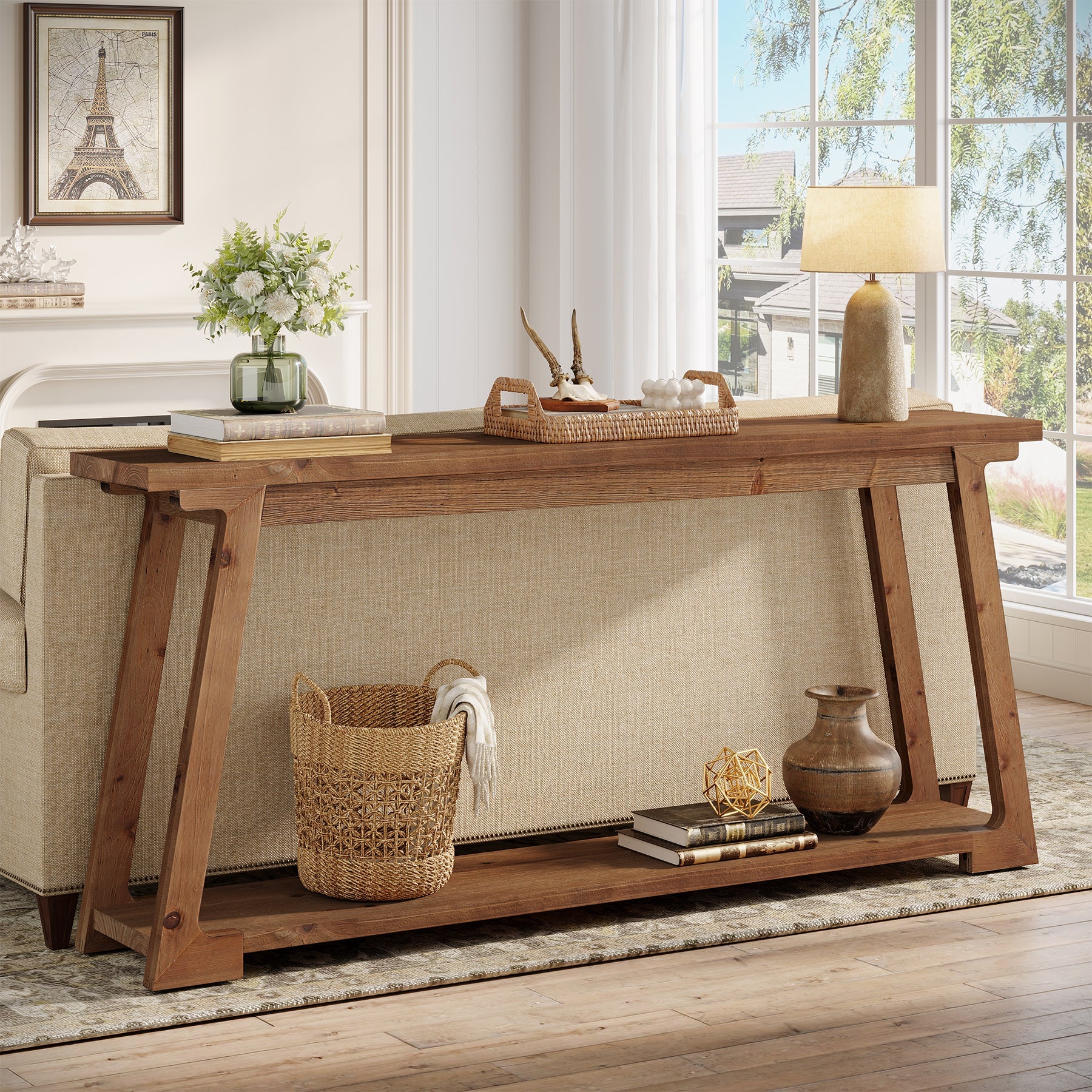 Tribesigns Mesa consola de madera maciza de 160 cm situada detrás del sofá con 2 estantes, Mesa de centro larga y estrecha para salón y recibidor