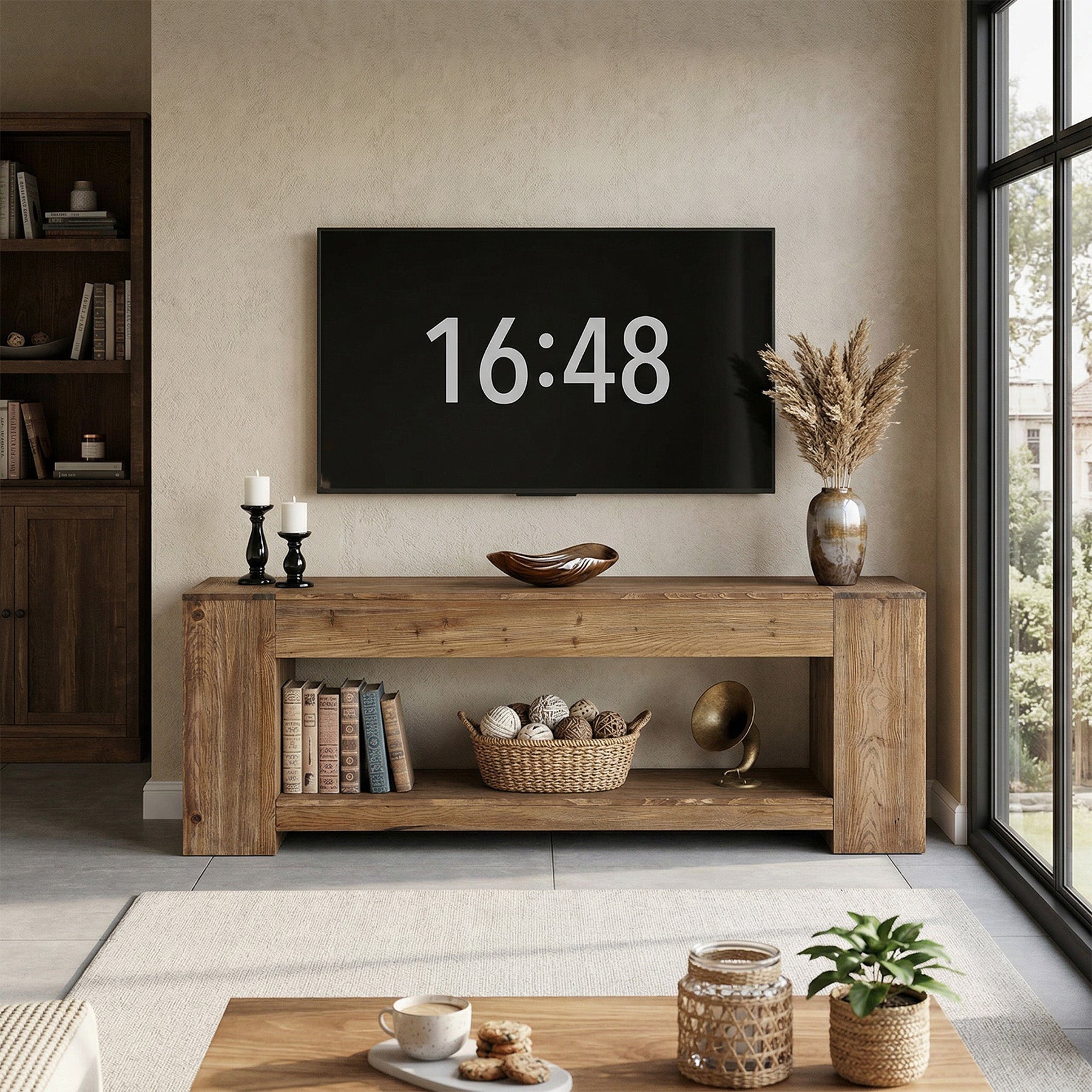 Tribesigns Mueble de TV de madera maciza de 160 cm para televisores, Mueble de TV rústico con compartimento de almacenamiento abierto